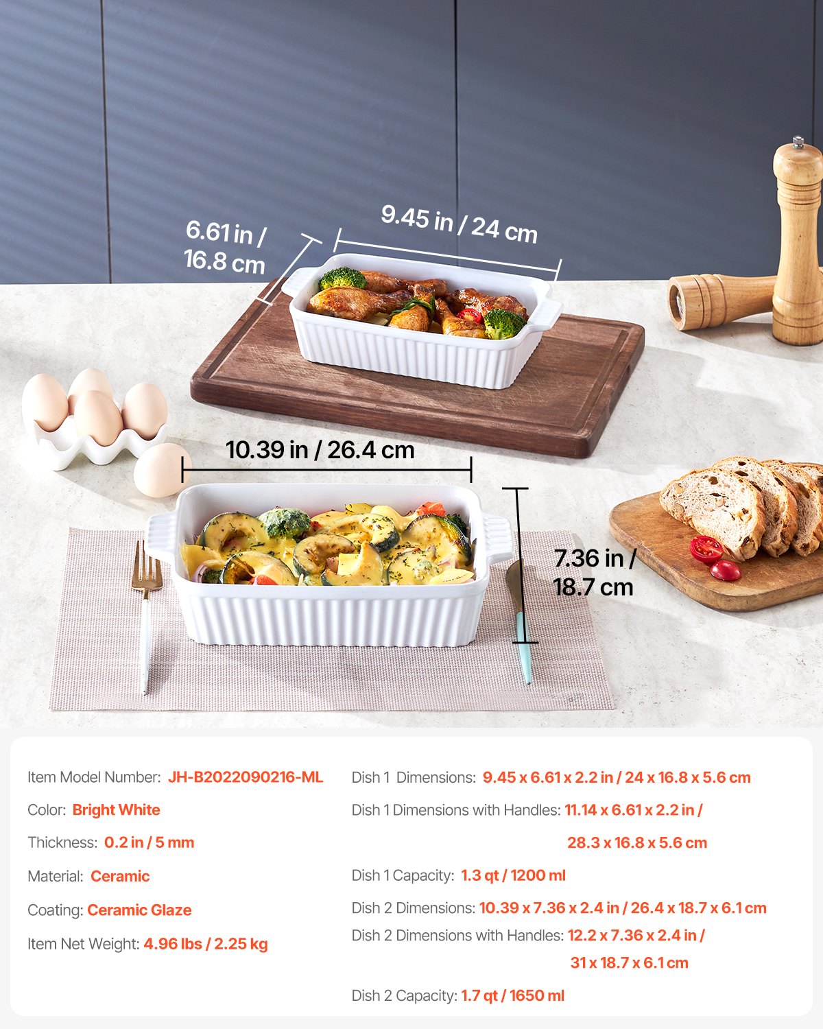 VEVOR Ceramic Baking Dish 2 Pieces Rectangular Bakeware Set Deep for Baking