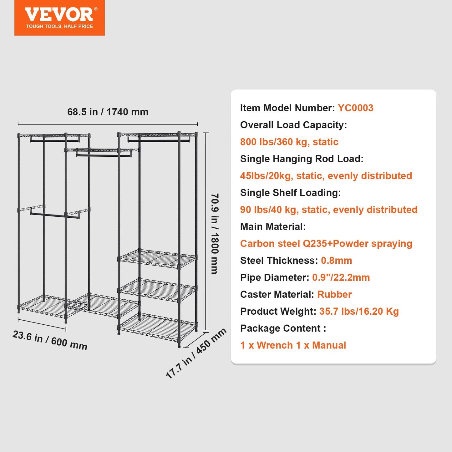 Heavy Duty Rolling Garment Rack with 4 Rods & 8 Tiers, 362 kg Capacity