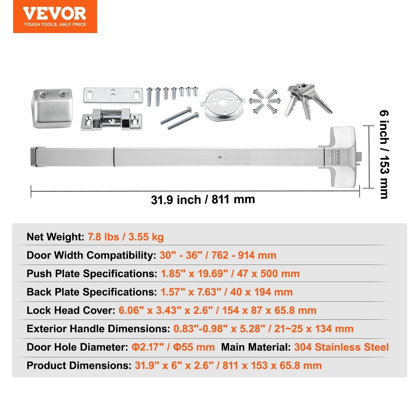 Stainless Steel Panic Exit Device with Exterior Lever for Emergency Doors