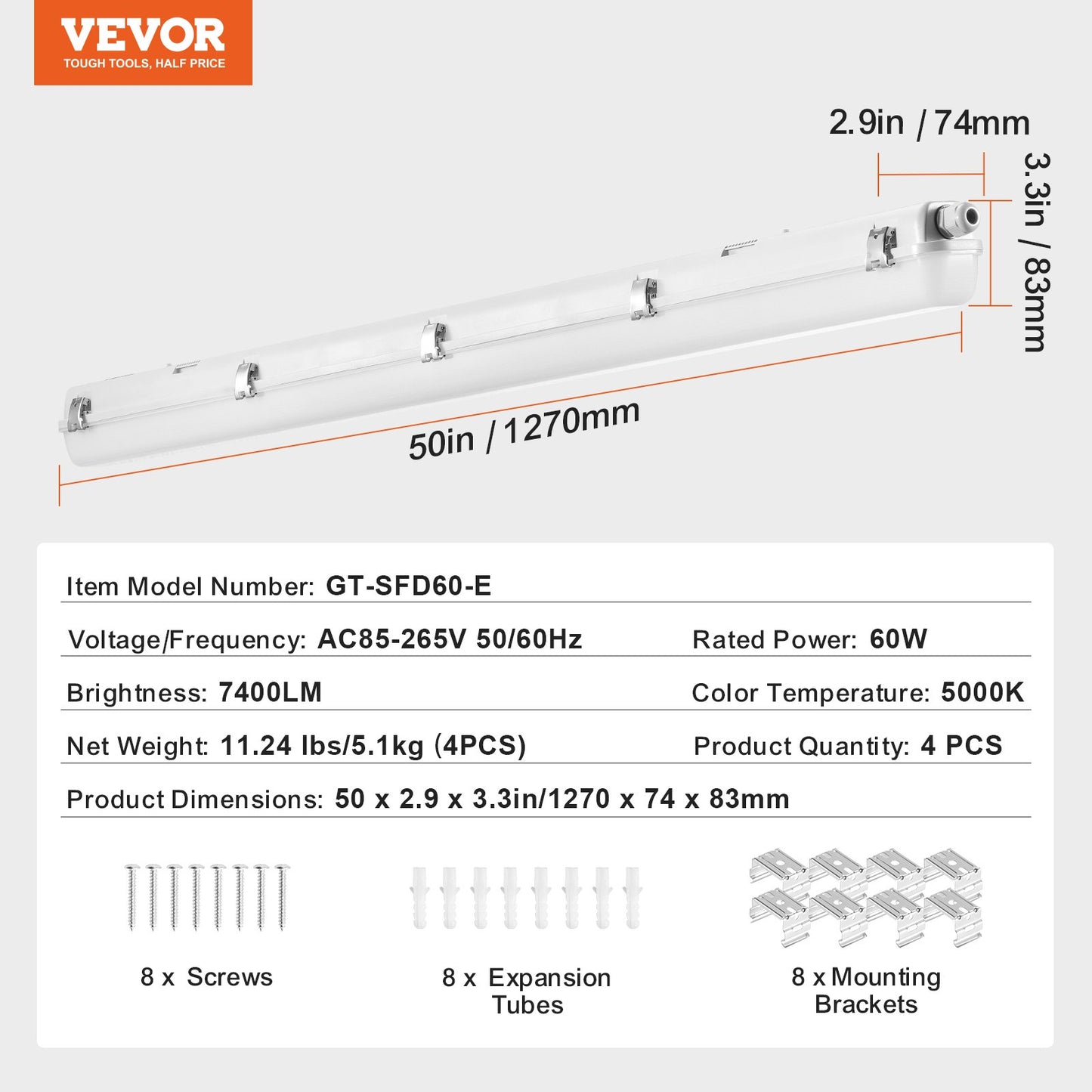 VEVOR 4FT LED Vapor Tight Light, 60W, 7400LM Vapor Proof Light Fixture with 5000K