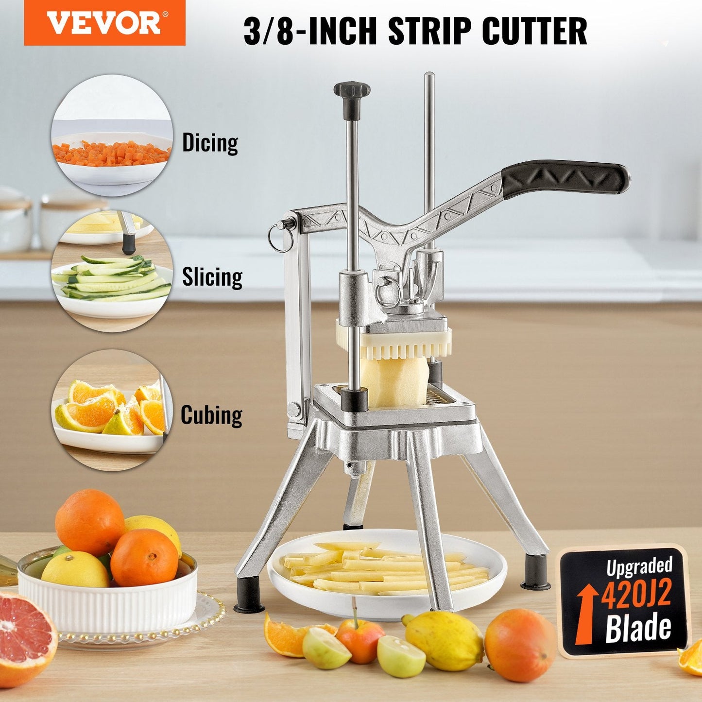 Heavy-Duty Vegetable and Fruit Chopper with 1 cm Blade, Stainless Steel, 2.4 kg