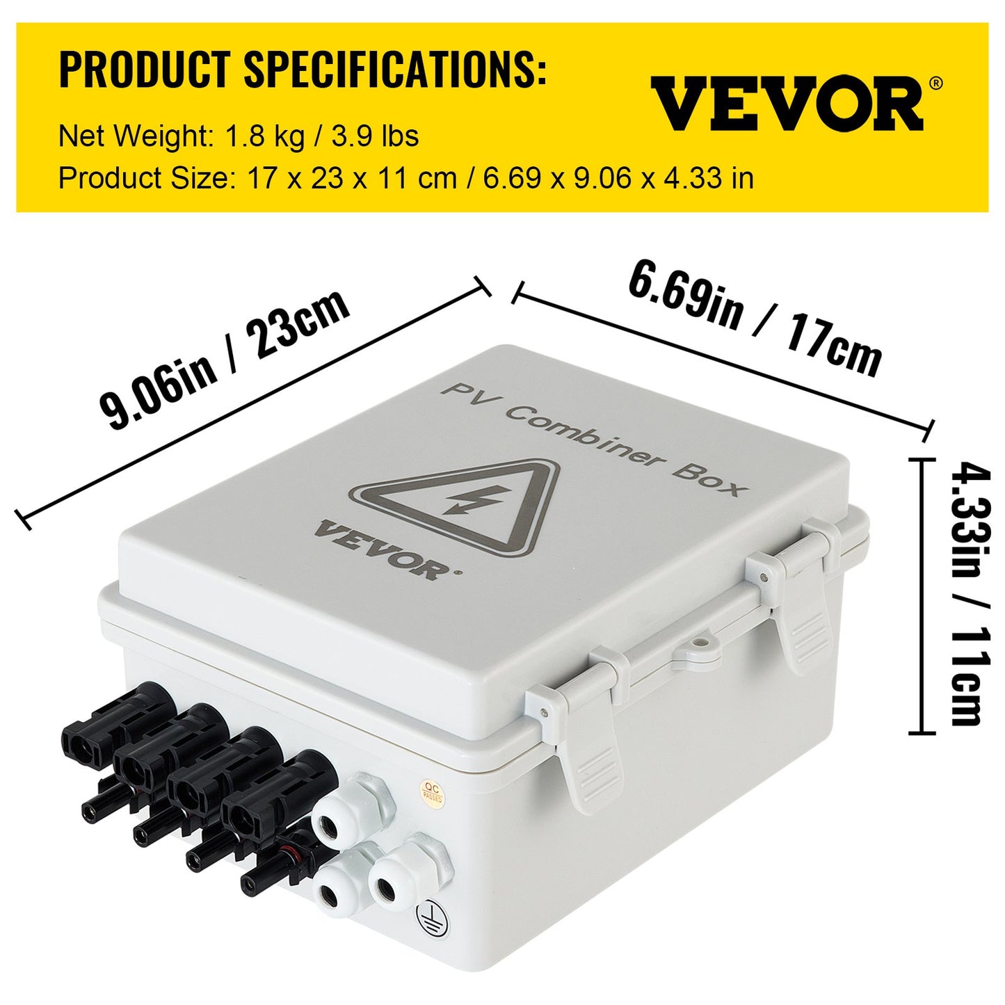 VEVOR PV Combiner Box, 4 String with 15A Rated Current Fuse, 63A Circuit Breaker,