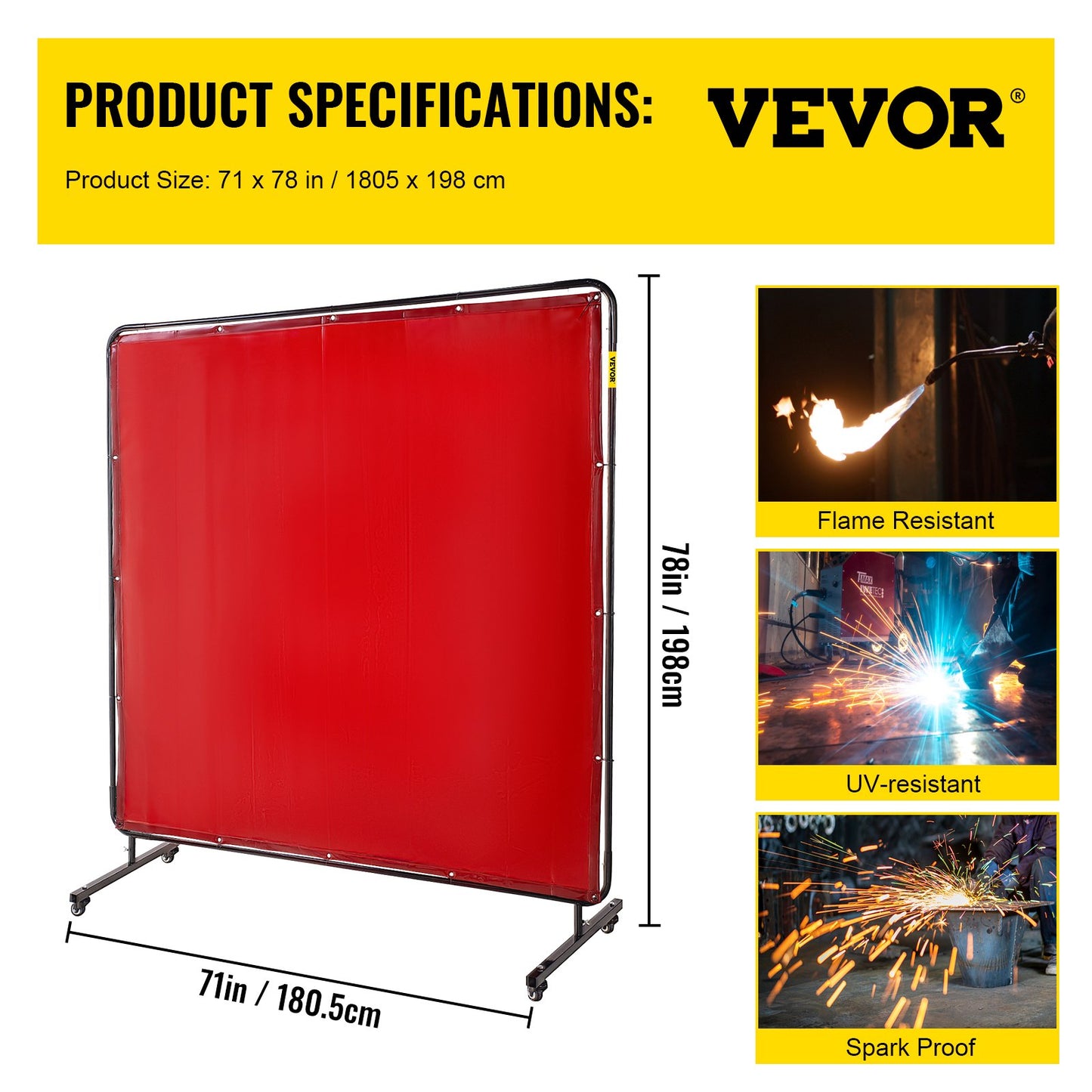 VEVOR Welding Screen with Frame 6' x 6', Welding Curtain with 4 Wheels, Welding
