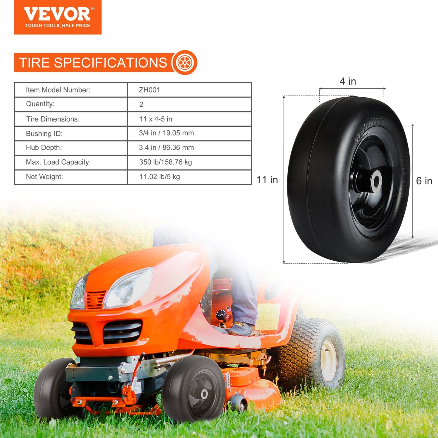 VEVOR Lawn Mower Tires with Rim, 11x4-7" Tubeless Tractor Tires, 2-Pack Tire and