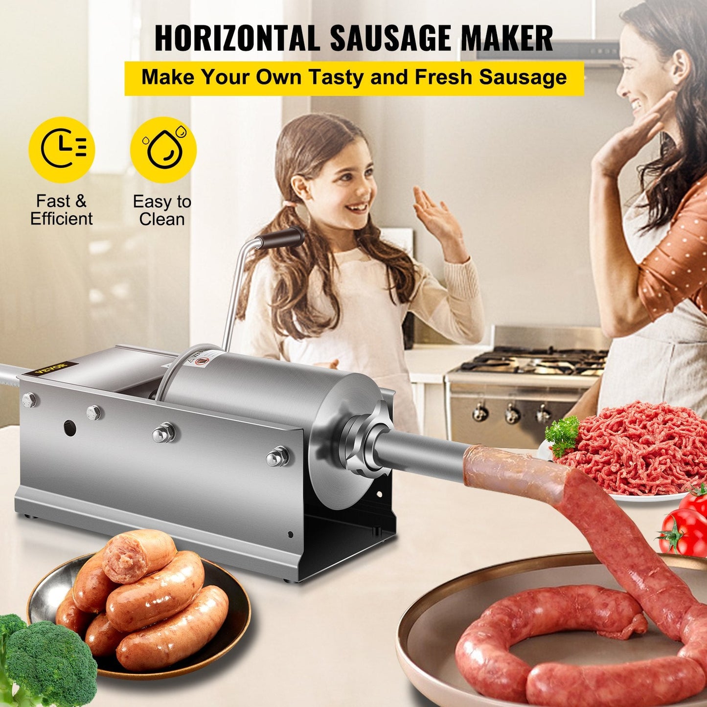Manual 3L Sausage Stuffer, Dual-Speed Horizontal Machine with 5 Tubes