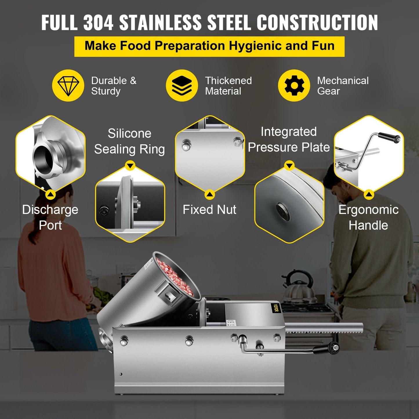 Manual 3L Sausage Stuffer, Dual-Speed Horizontal Machine with 5 Tubes