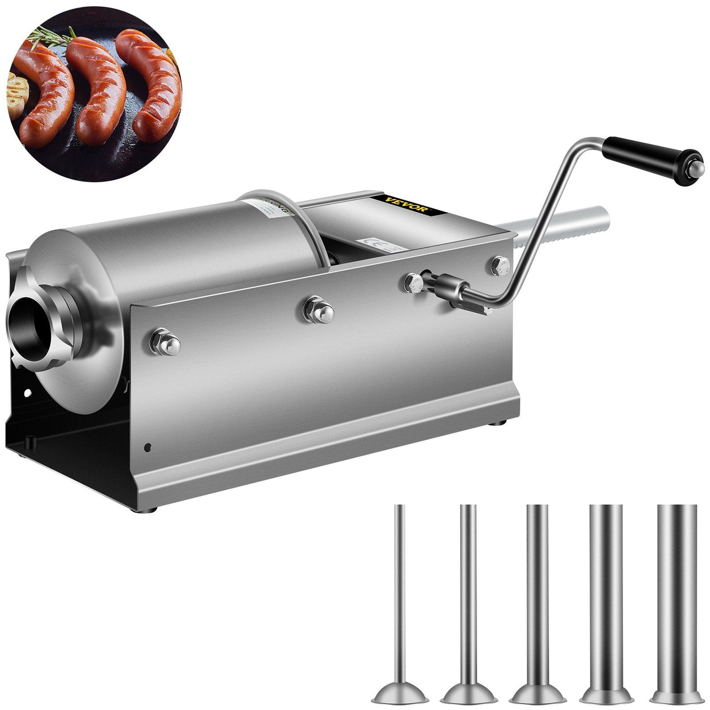 Manual 3L Sausage Stuffer, Dual-Speed Horizontal Machine with 5 Tubes