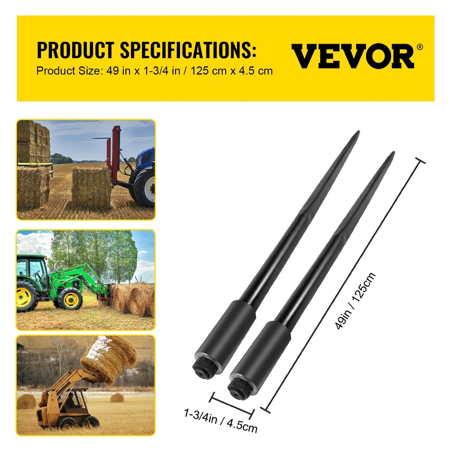 Pair of 1.24m Hay Bale Spears, 1360 kg Capacity, Steel, Easy Installation