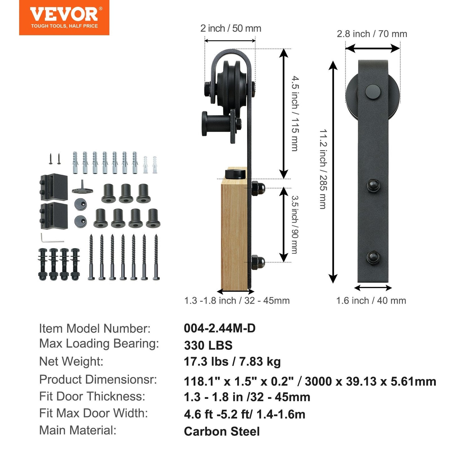 10ft Sliding Barn Door Track Kit, 1.4-1.6m Door Width, 150kg Capacity, J Hanger
