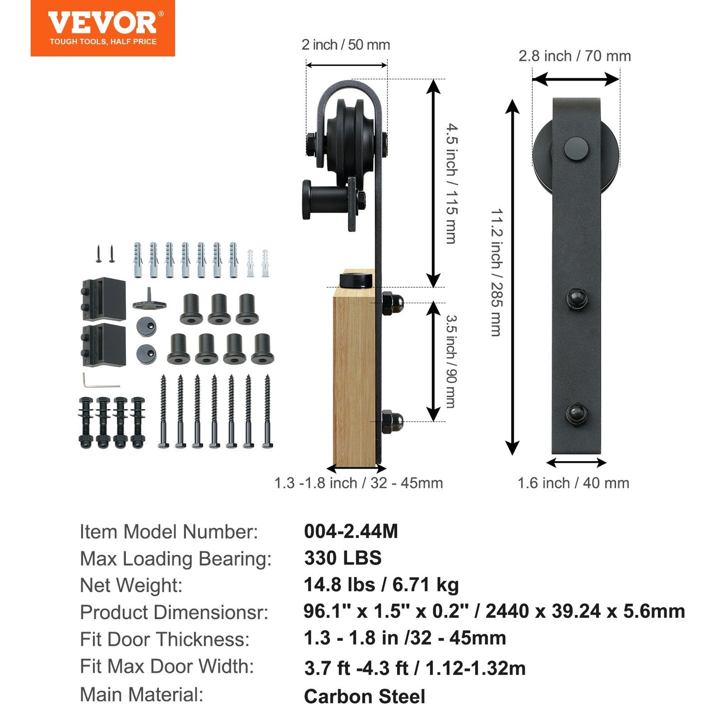 8FT Sliding Barn Door Track Kit for Single Door with J Hanger, Carbon Steel