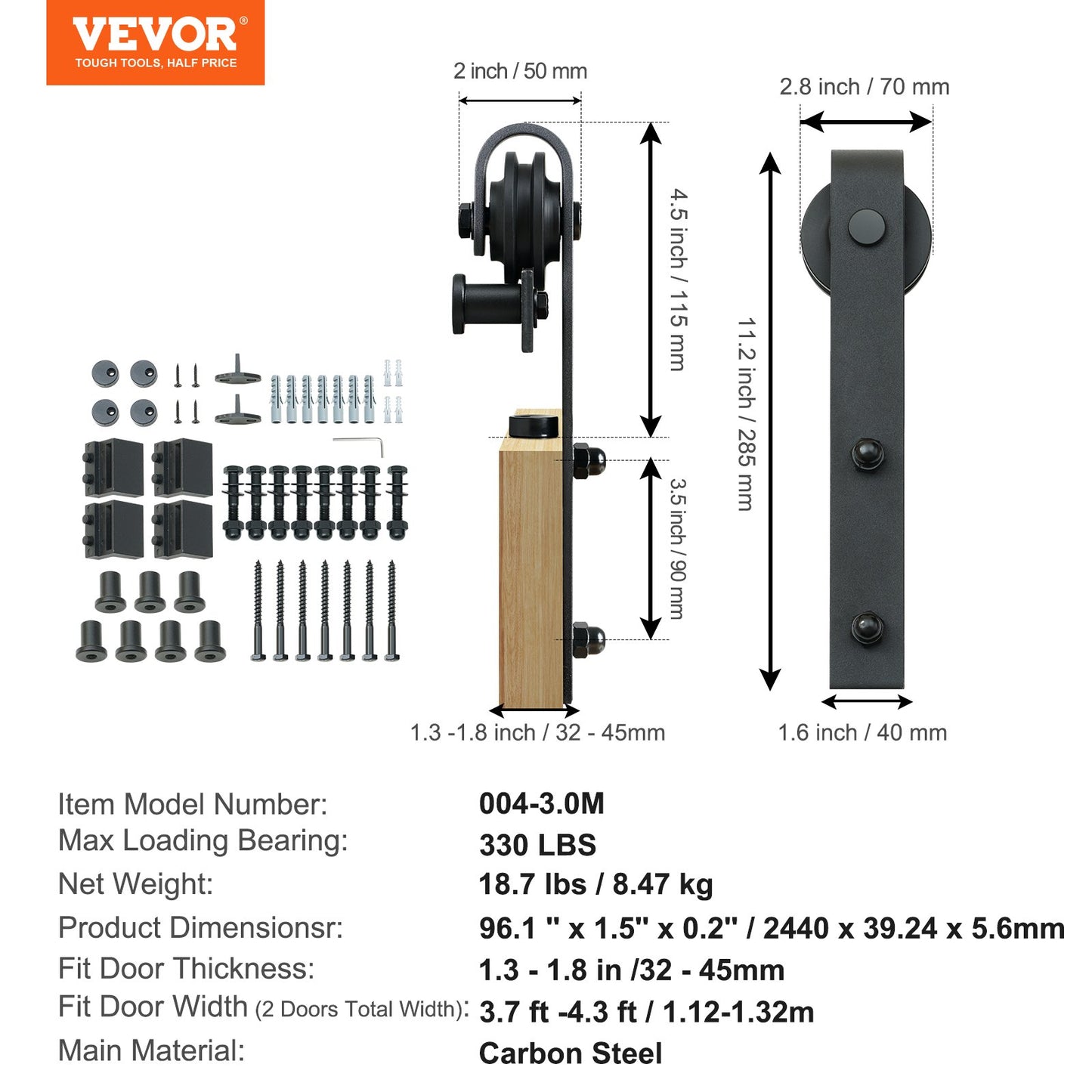 VEVOR 8FT Sliding Barn Door Hardware Closet Track Kit for Double Doors J Hanger