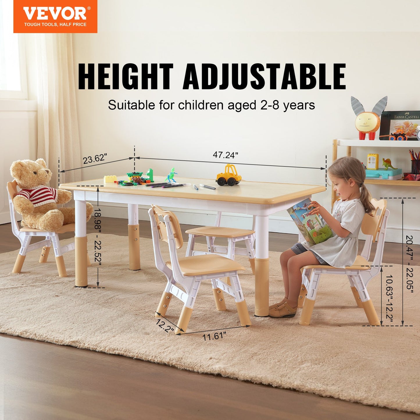 VEVOR Kids Table and 4 Chairs Set, Height Adjustable Toddler Table and Chair Set,