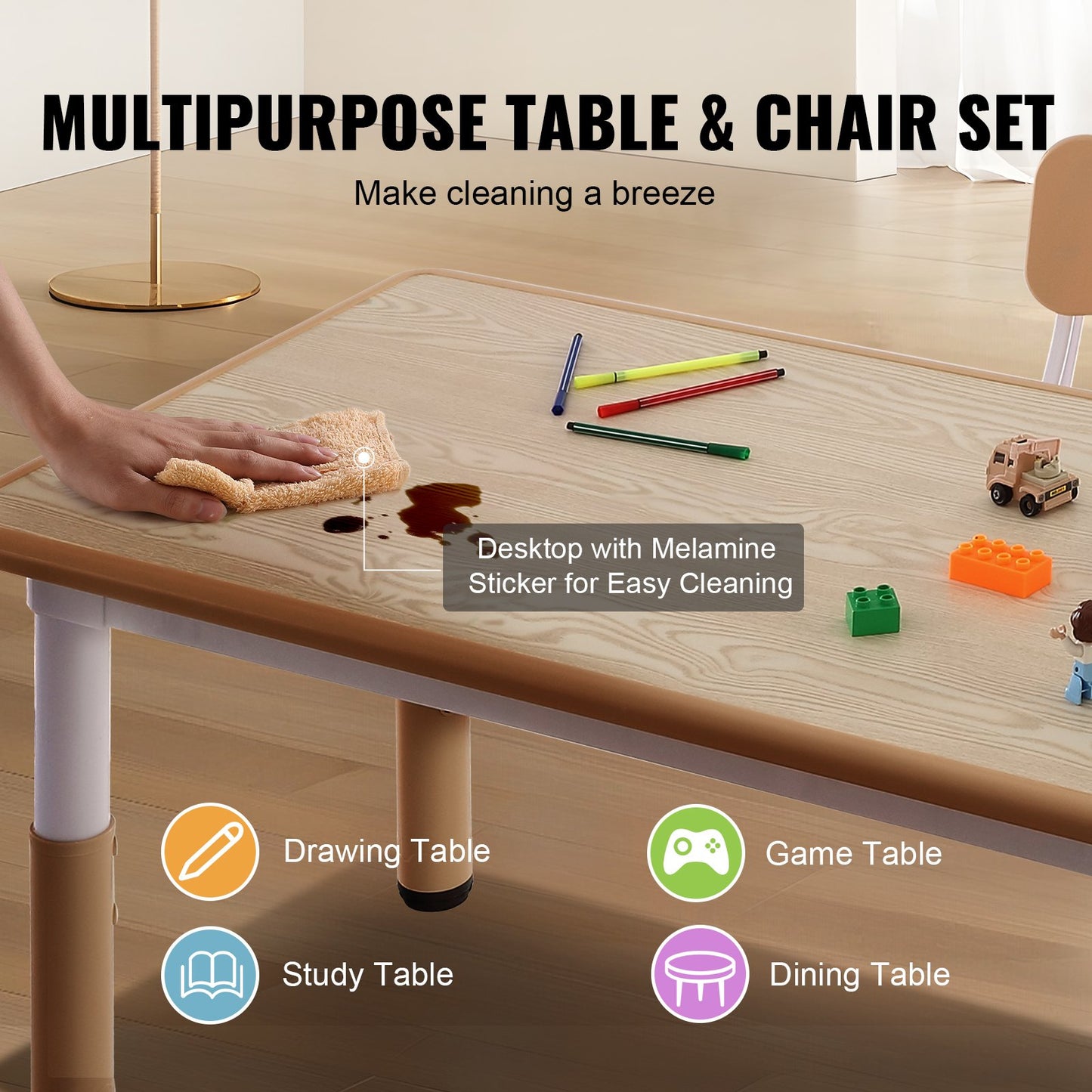 VEVOR Kids Table and 4 Chairs Set, Height Adjustable Toddler Table and Chair Set,