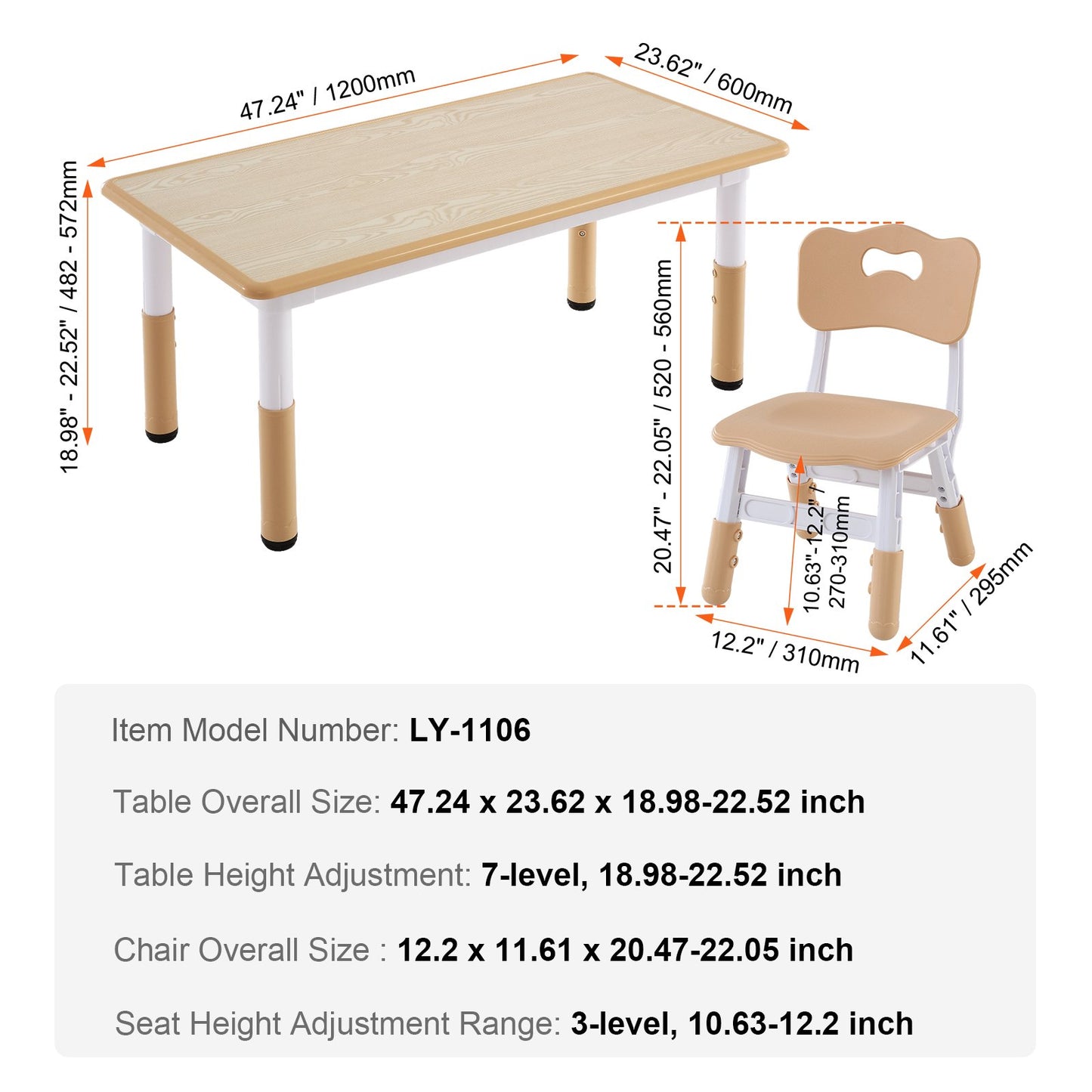 VEVOR Kids Table and 4 Chairs Set, Height Adjustable Toddler Table and Chair Set,