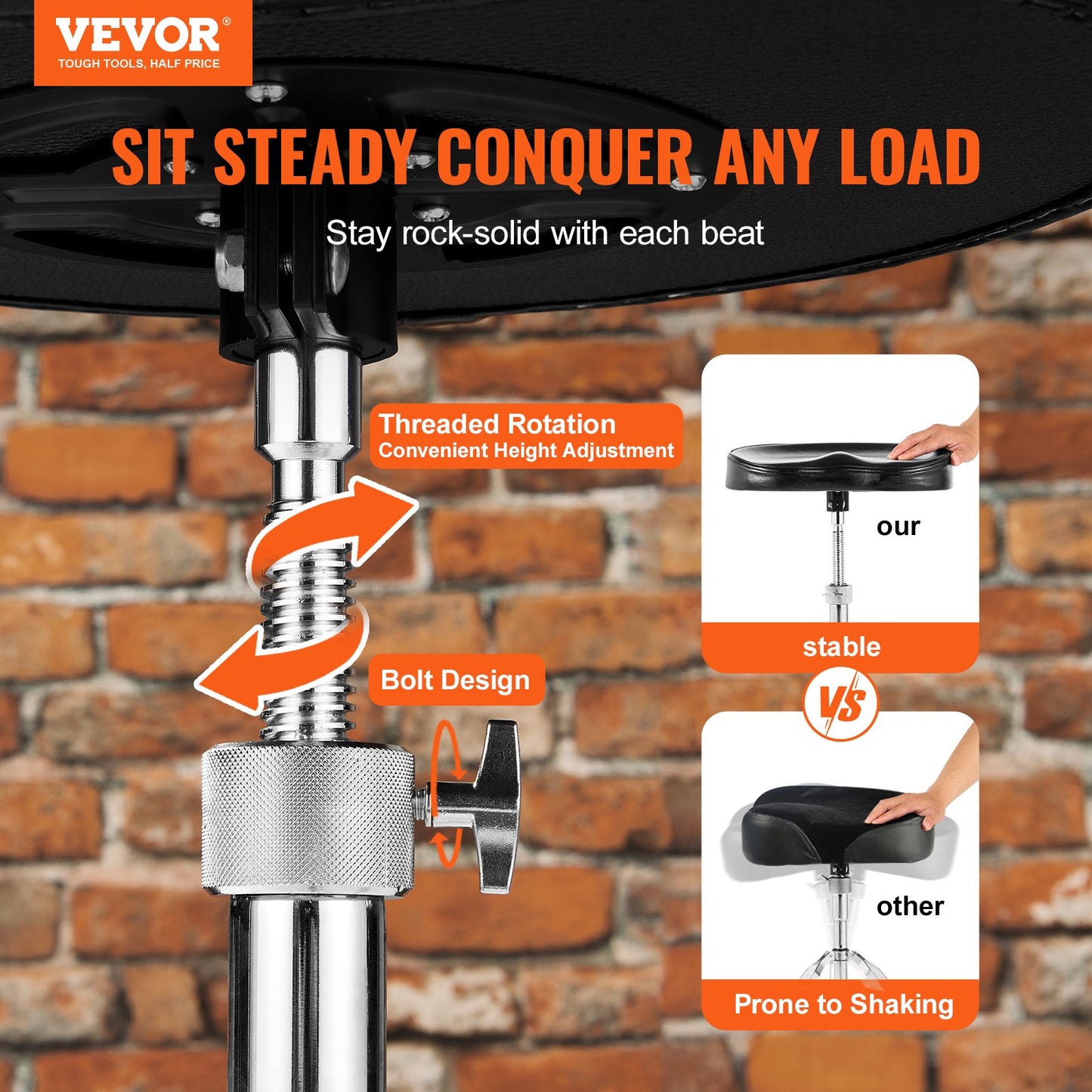 VEVOR Drum Throne, 540-670 mm Height Adjustable, Padded Drum Stool Seat with Anti-Slip