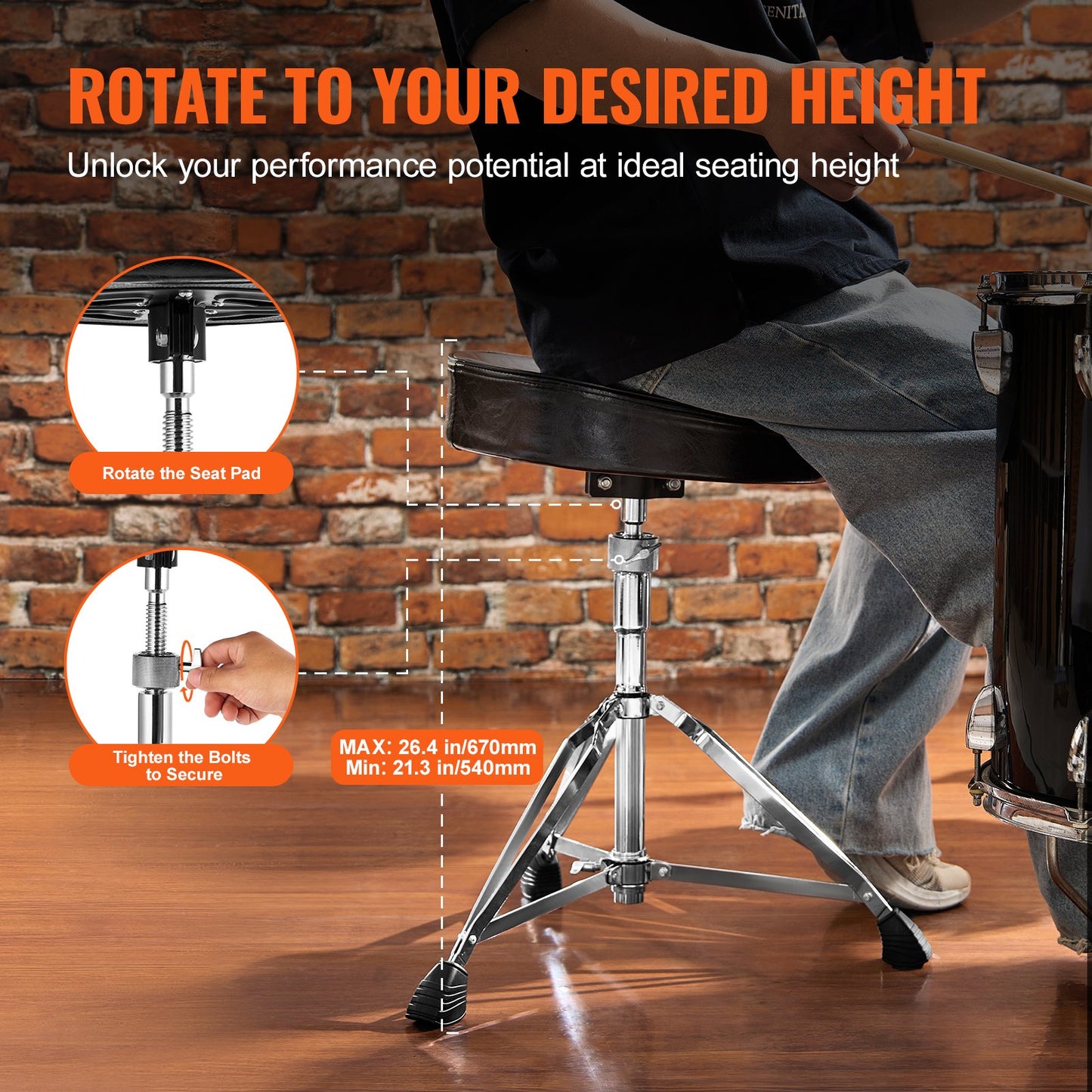 VEVOR Drum Throne, 540-670 mm Height Adjustable, Padded Drum Stool Seat with Anti-Slip