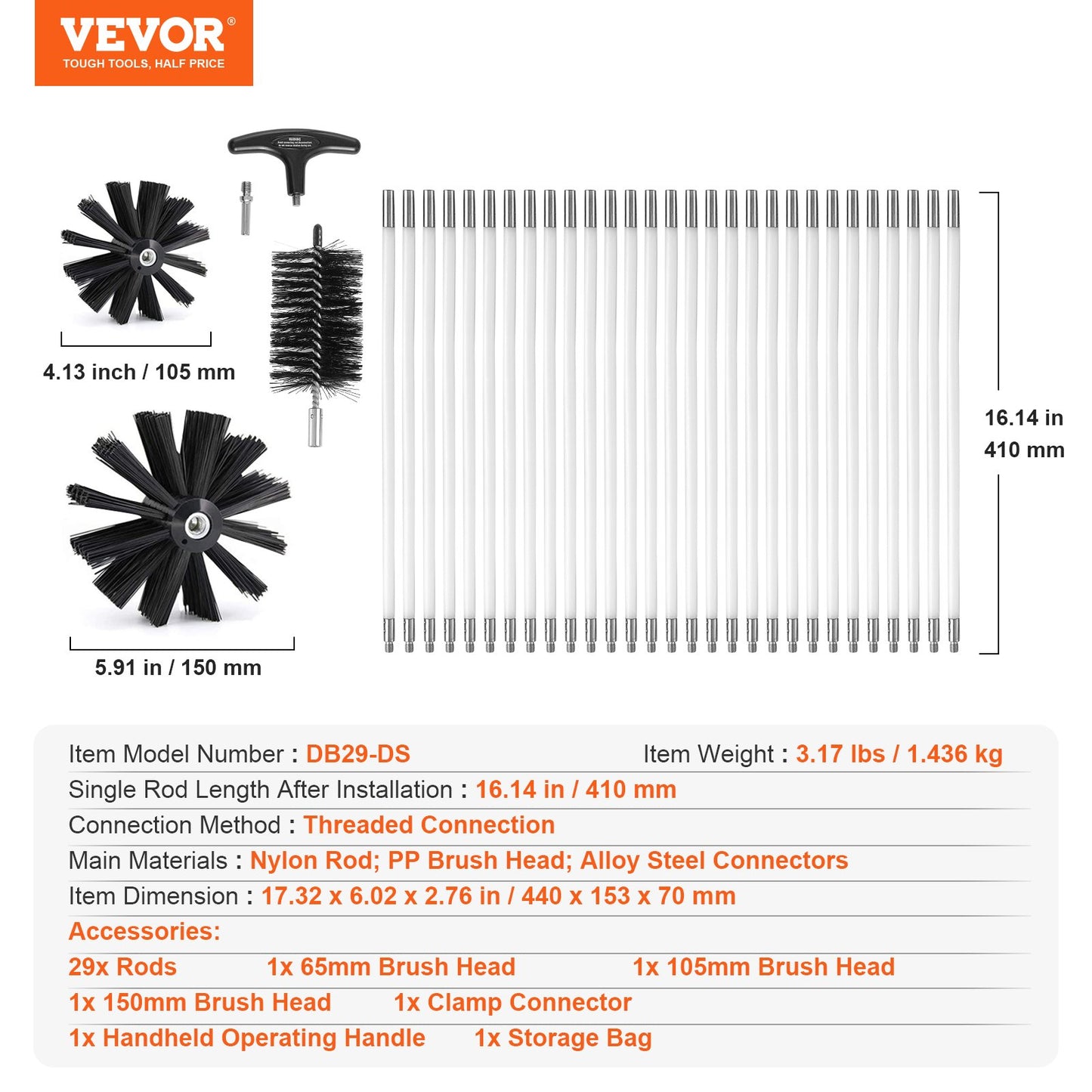 VEVOR 29 Pieces 12.2M Dryer Vent Cleaner Kit, Include 3 Different Sizes Flexible