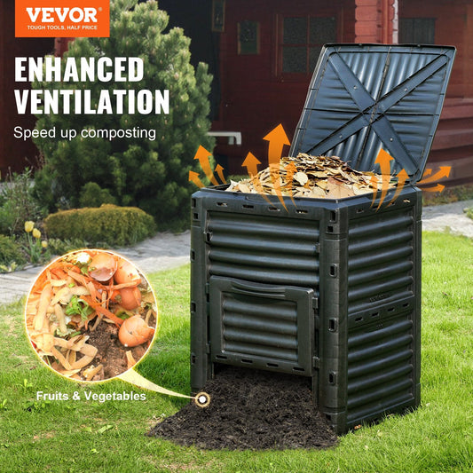 Large 80 gallon garden compost bin for leaves, food scraps, yard waste, and fertile soil