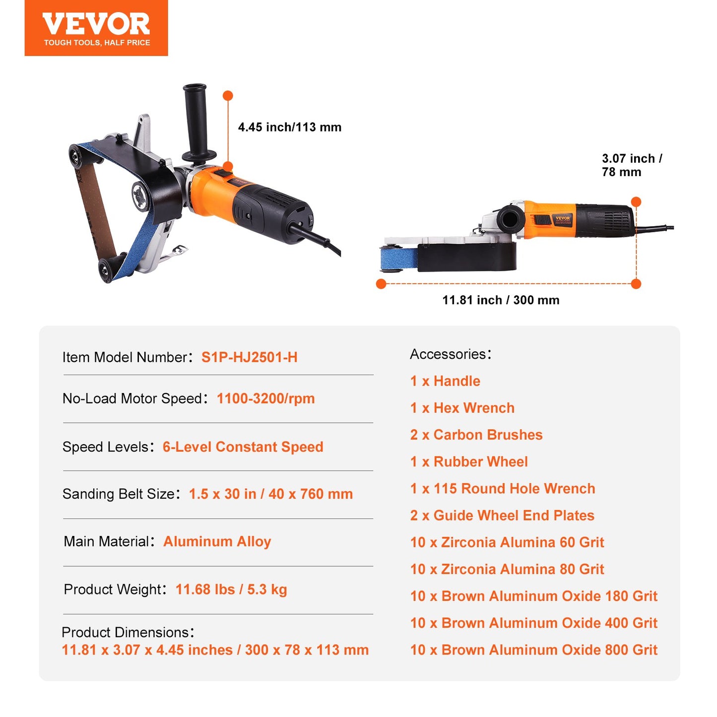VEVOR Pipe Tube Polisher Sander, 1300W Pipe Belt Sander with 6 Variable Speeds 1100-3200rpm,