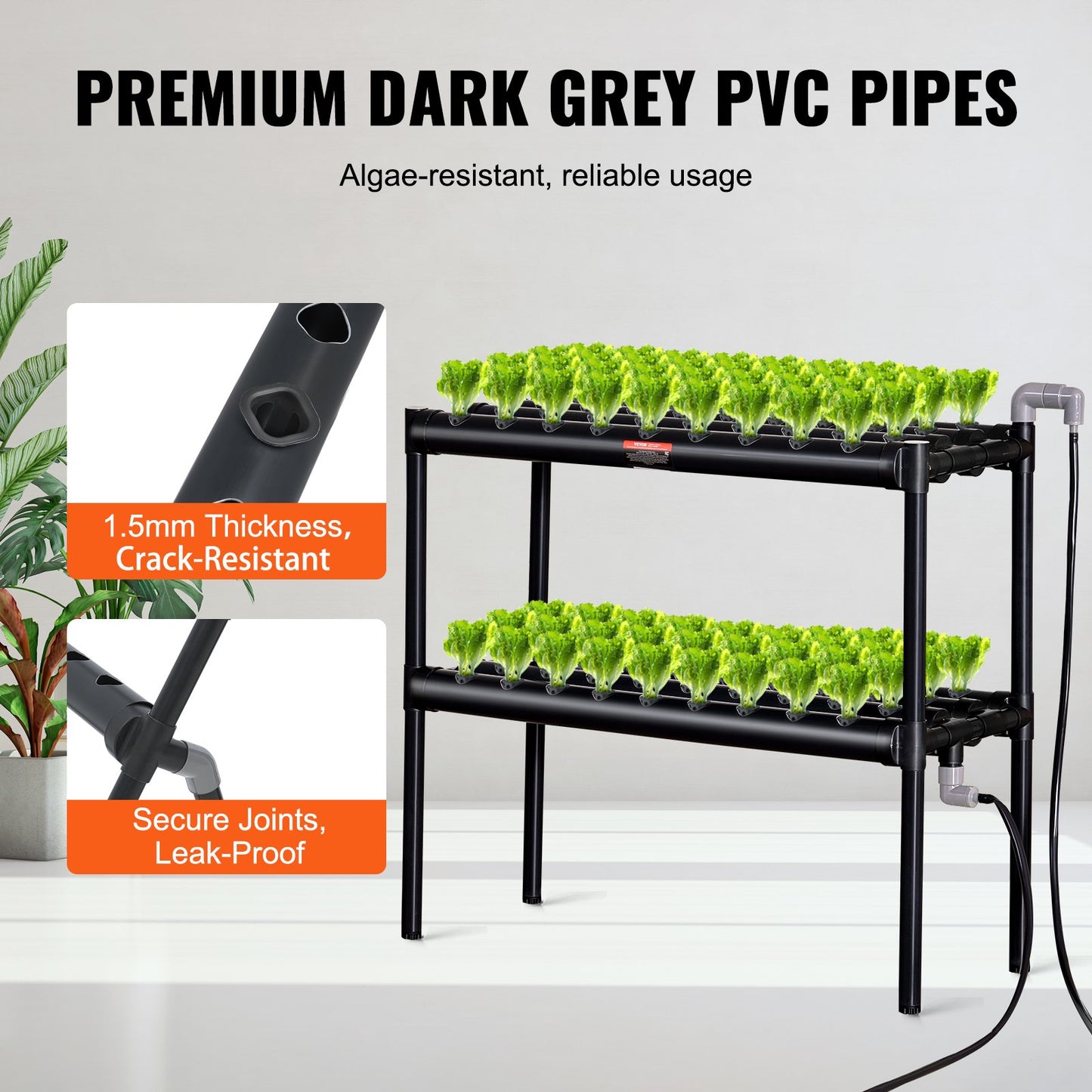VEVOR Hydroponics Growing System, 72 Sites 2 Layers, Dark Grey PVC Pipes Hydroponic