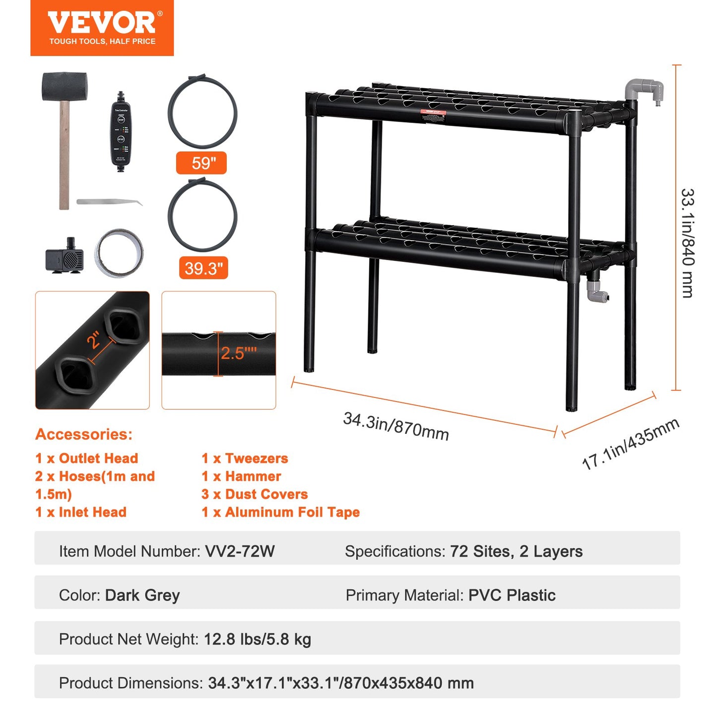 VEVOR Hydroponics Growing System, 72 Sites 2 Layers, Dark Grey PVC Pipes Hydroponic