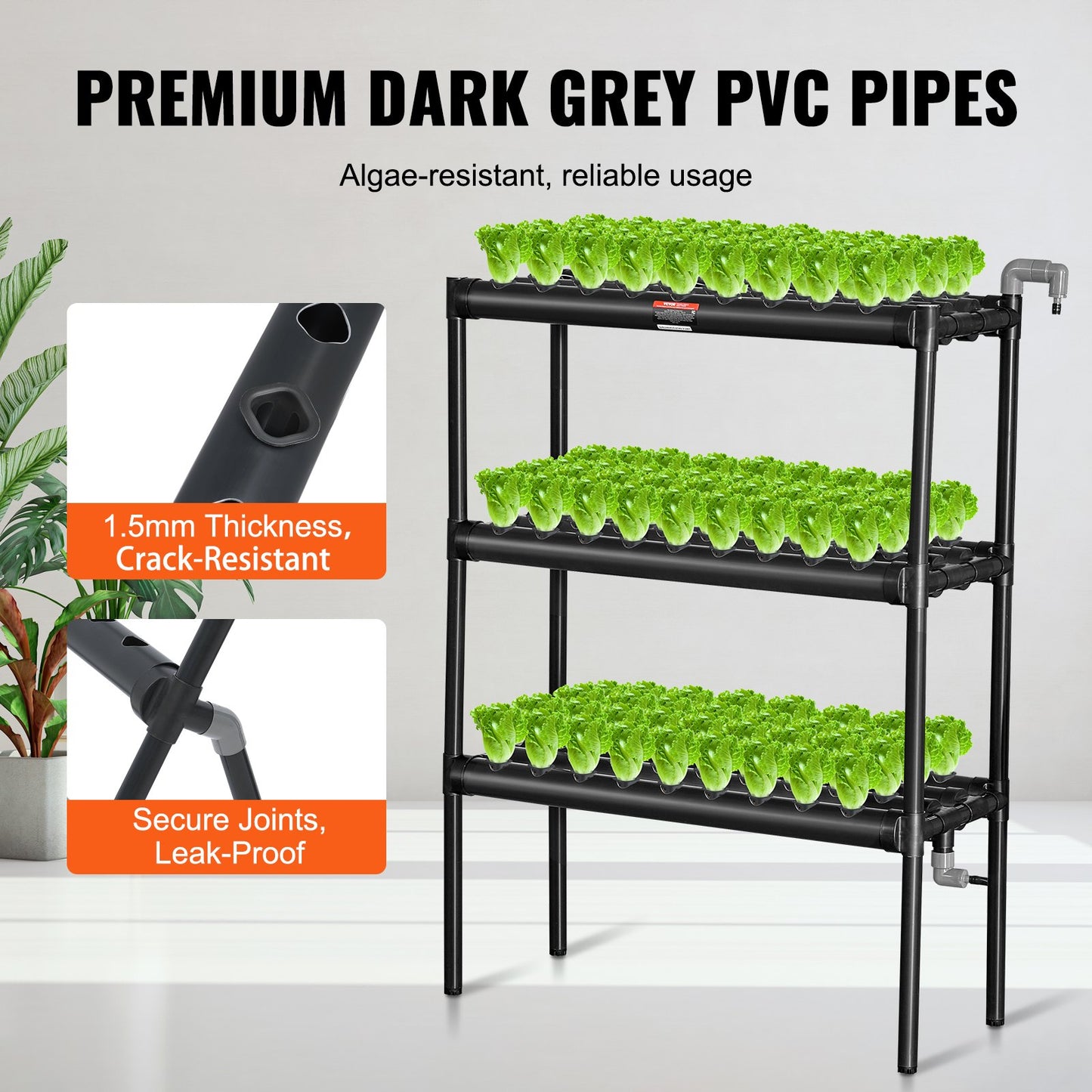 VEVOR Hydroponics Growing System, 108 Sites 3 Layers, Dark Grey PVC Pipes Hydroponic