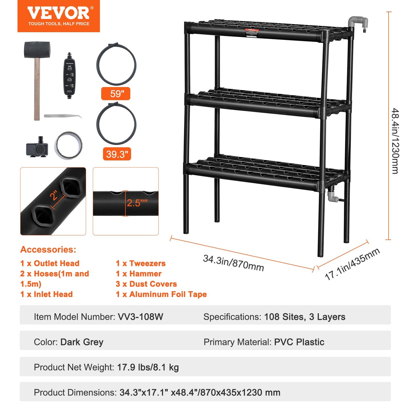 VEVOR Hydroponics Growing System, 108 Sites 3 Layers, Dark Grey PVC Pipes Hydroponic