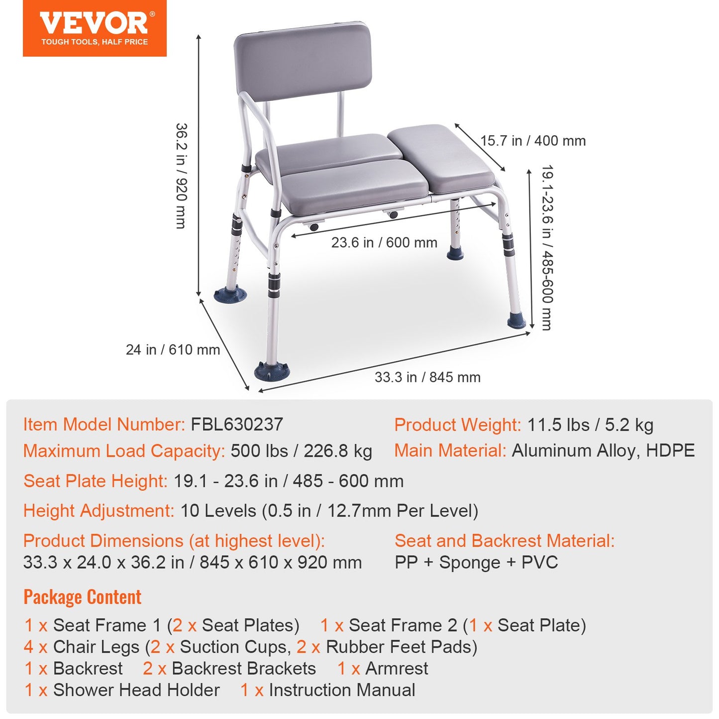 VEVOR Tub Transfer Bench for Bathtub 500lbs, Shower Seats, Lightweight