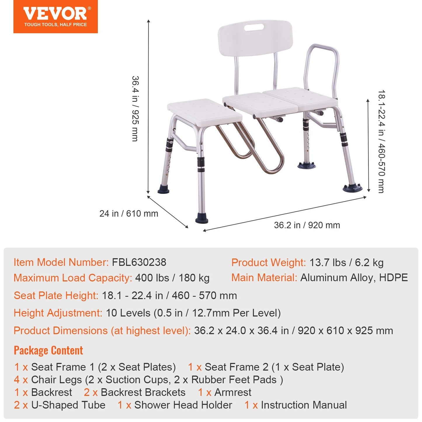 Adjustable Bath Transfer Bench for Seniors, 180 kg Capacity, 0.92m Height