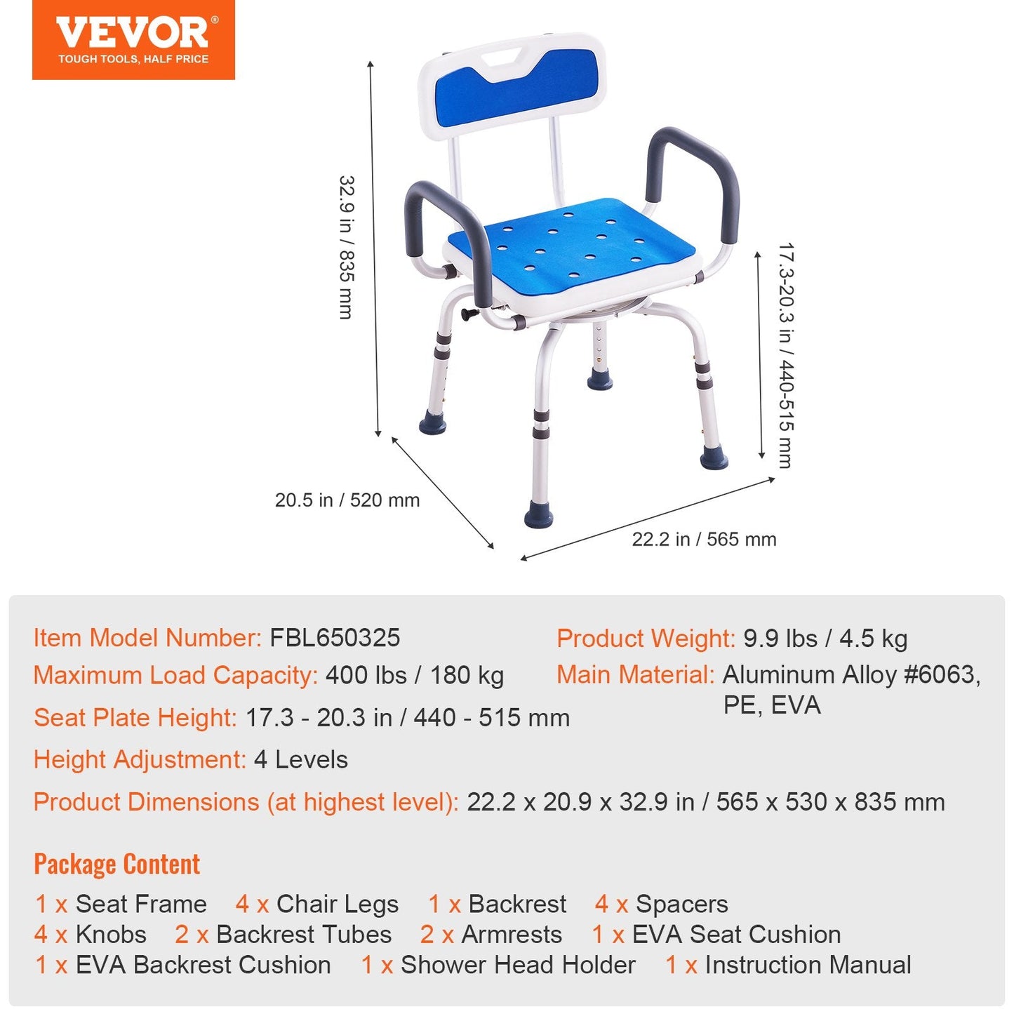 360° Swivel Shower Chair with Armrests & Backrest, 180 kg Capacity, Adjustable Height