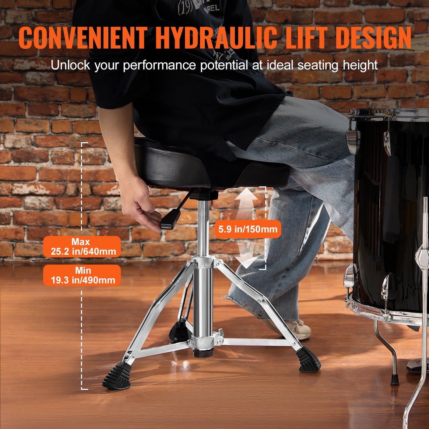 VEVOR Hydraulic Saddle Drum Throne, 490-640 mm Height Adjustable, Padded Drum Stool
