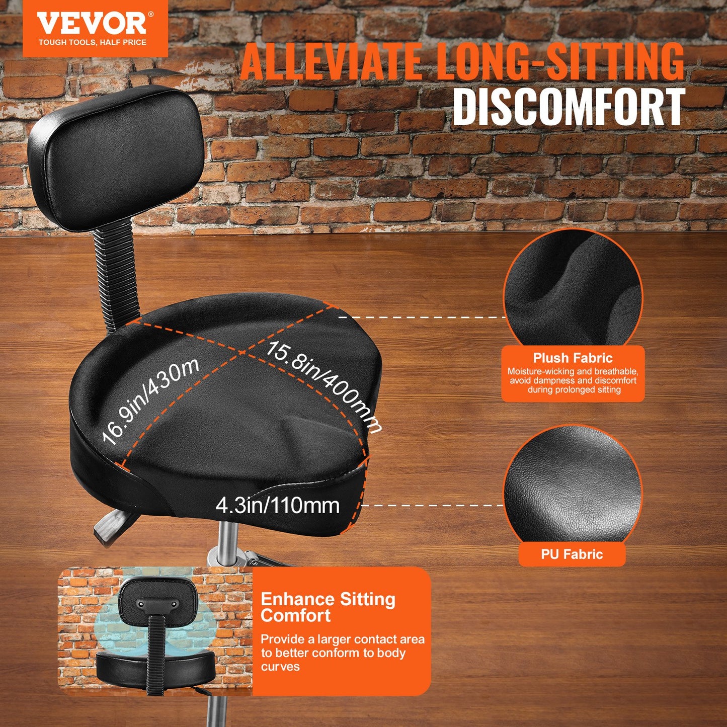 VEVOR Drum Throne with Backrest, 490-640 mm Height Adjustable, Hydraulic Saddle