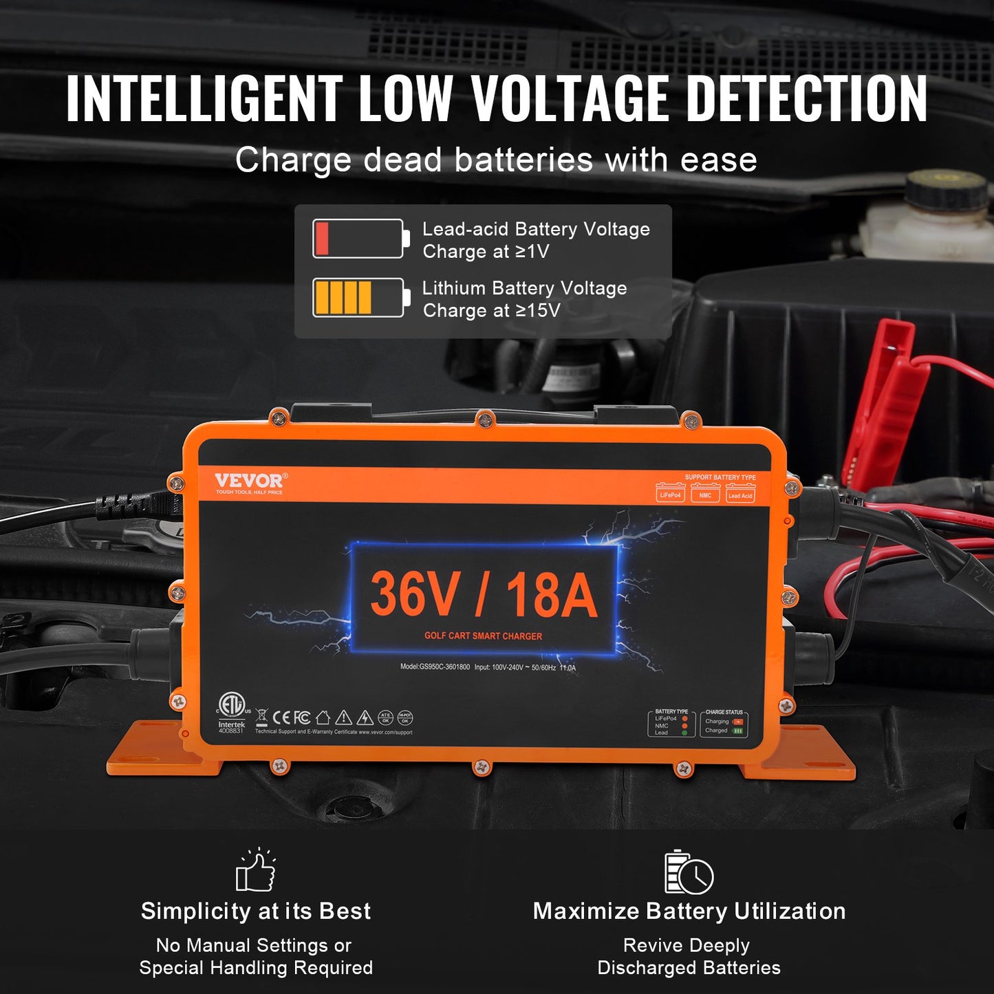 VEVOR Golf Cart Battery Charger, 18 AMP, Smart Club Car Charger with Crowfoot Plug,