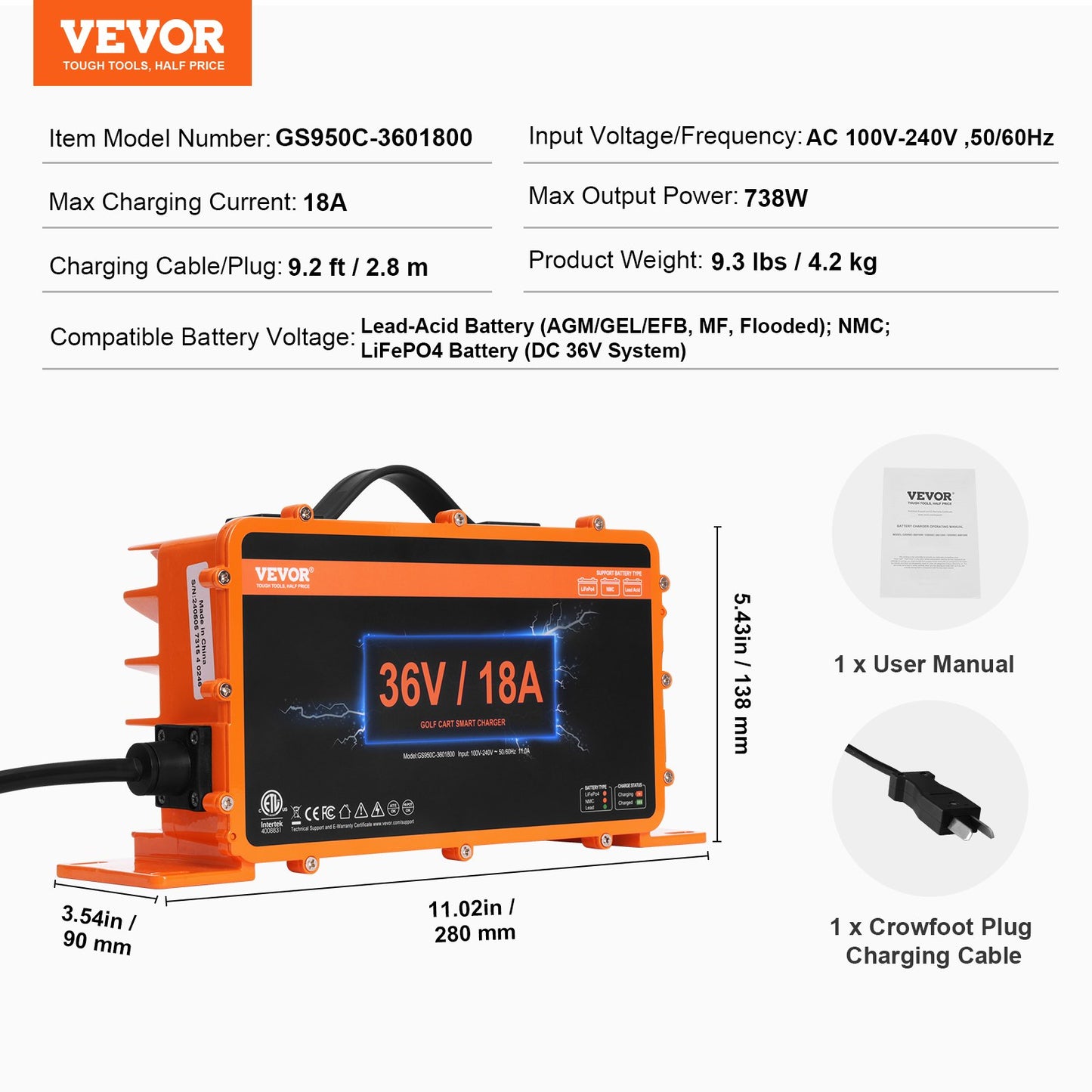 VEVOR Golf Cart Battery Charger, 18 AMP, Smart Club Car Charger with Crowfoot Plug,