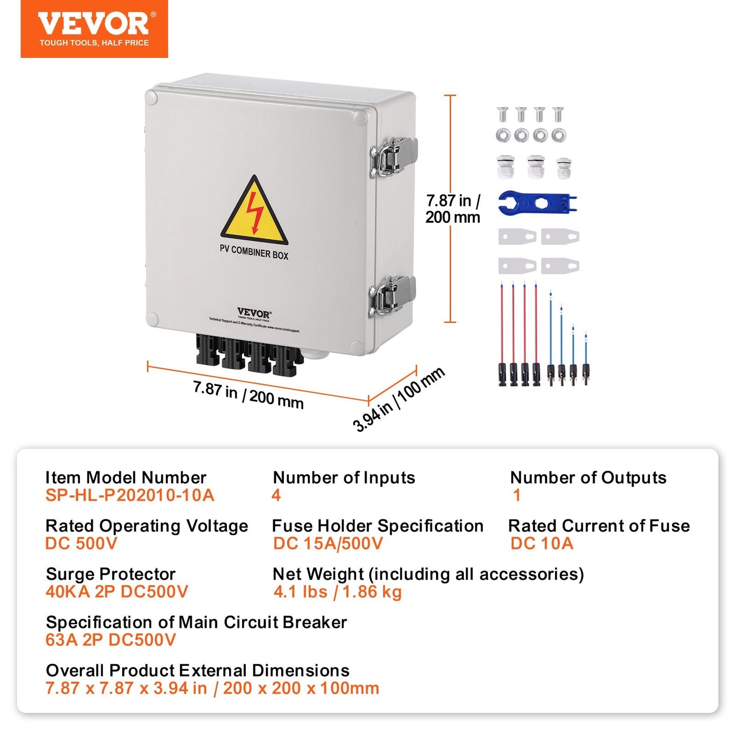 Solar PV Combiner Box 4 String 10A, IP65, ABS Case, 1.86 kg, DC 500V