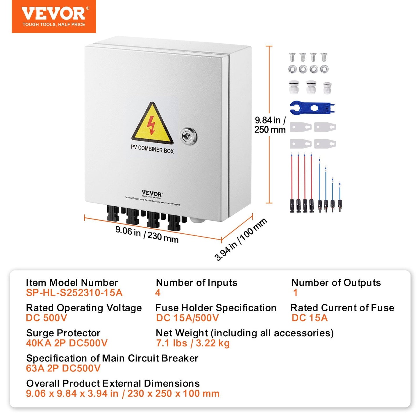 Solar PV Combiner Box 4-String 15A, Steel Case, IP65, 500V, 3.22 kg