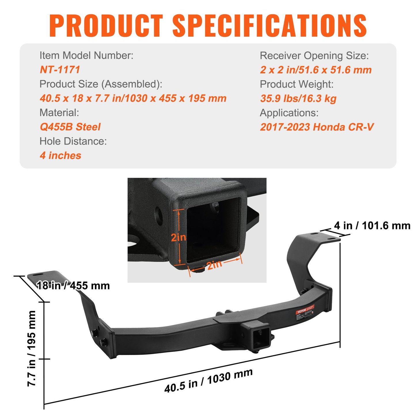 VEVOR Class 3 Trailer Hitch, 2-Inch Receiver, Q455B Steel Tube Frame, Compatible