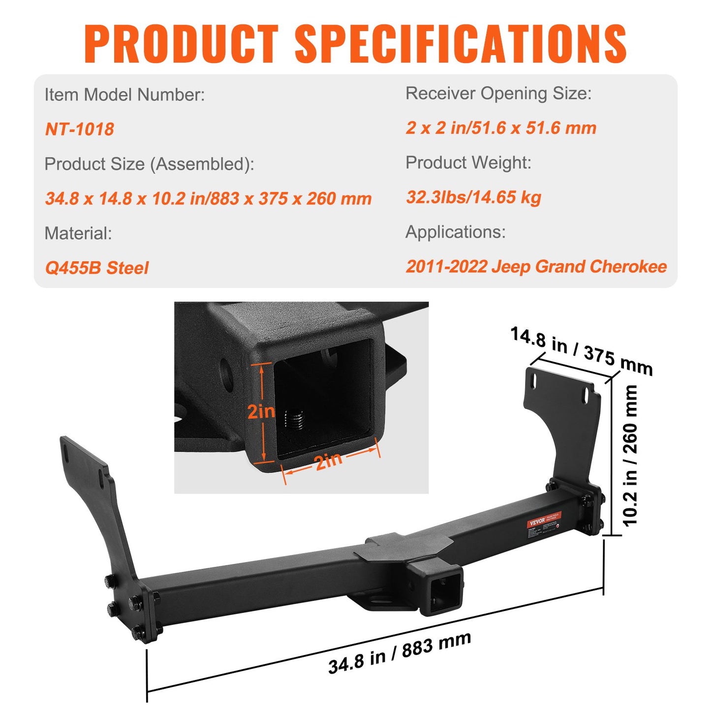VEVOR Class 3 Trailer Hitch, 2-Inch Receiver, Q455B Steel Tube Frame, Compatible