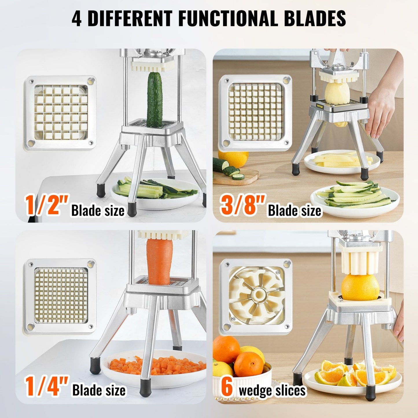 Commercial Vegetable and Fruit Cutter with 4 Blades and Tray, 3.8 kg, Silver