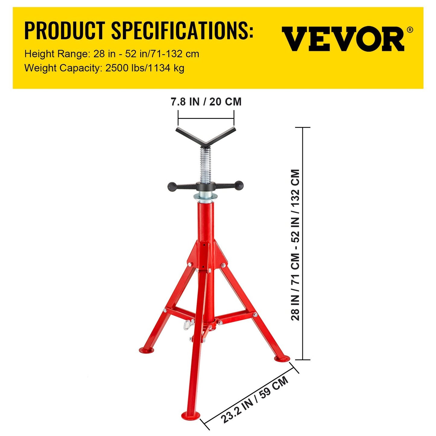 Adjustable V-Head Pipe Stand, 71-132 cm Height, 1134 kg Capacity, Steel Frame