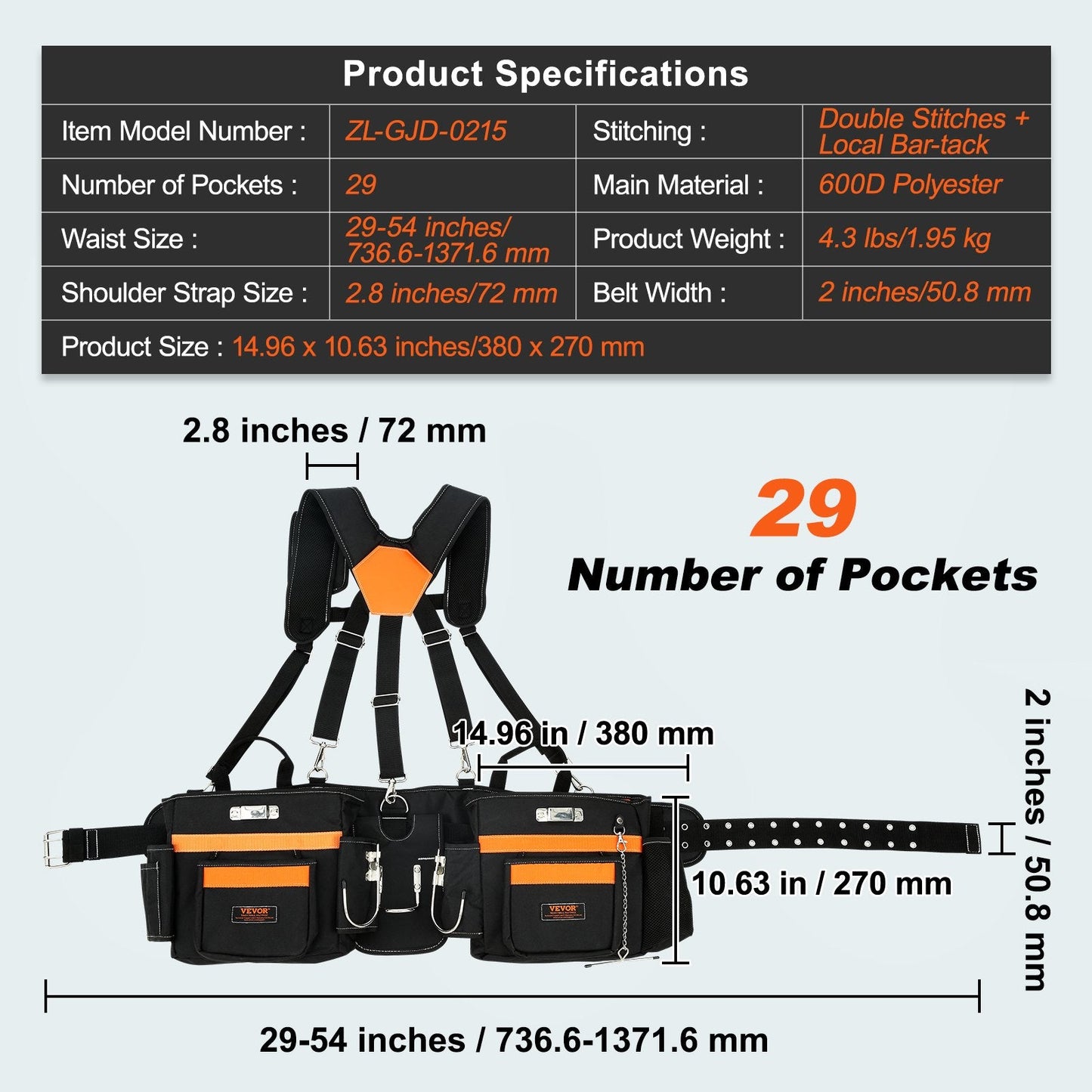 Heavy Duty Tool Belt with Suspenders, 29 Pockets, Adjustable 0.74-1.37 m Waist