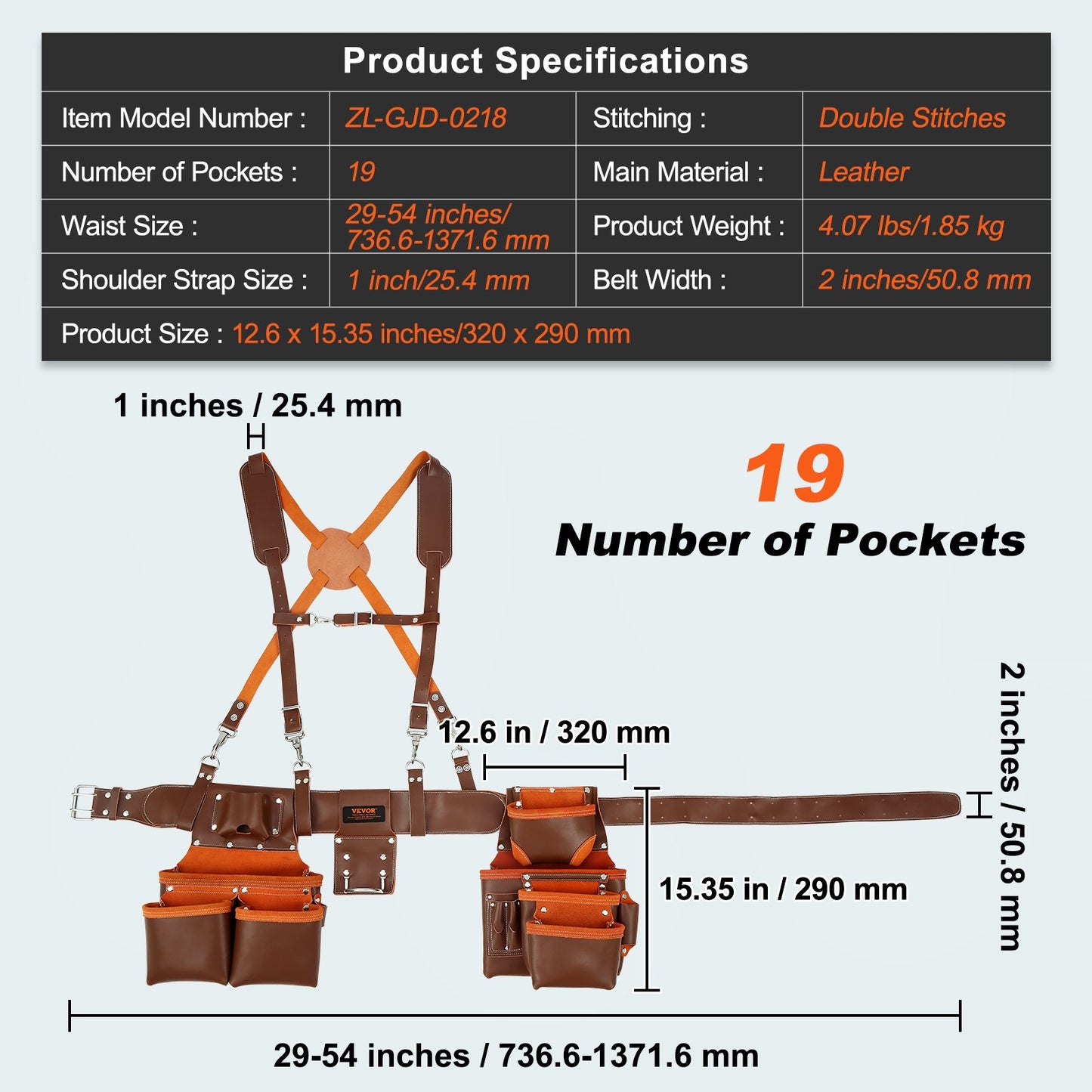 VEVOR Tool Belt with Suspenders, 19 Pockets, 29-54 inches Adjustable Waist Size,