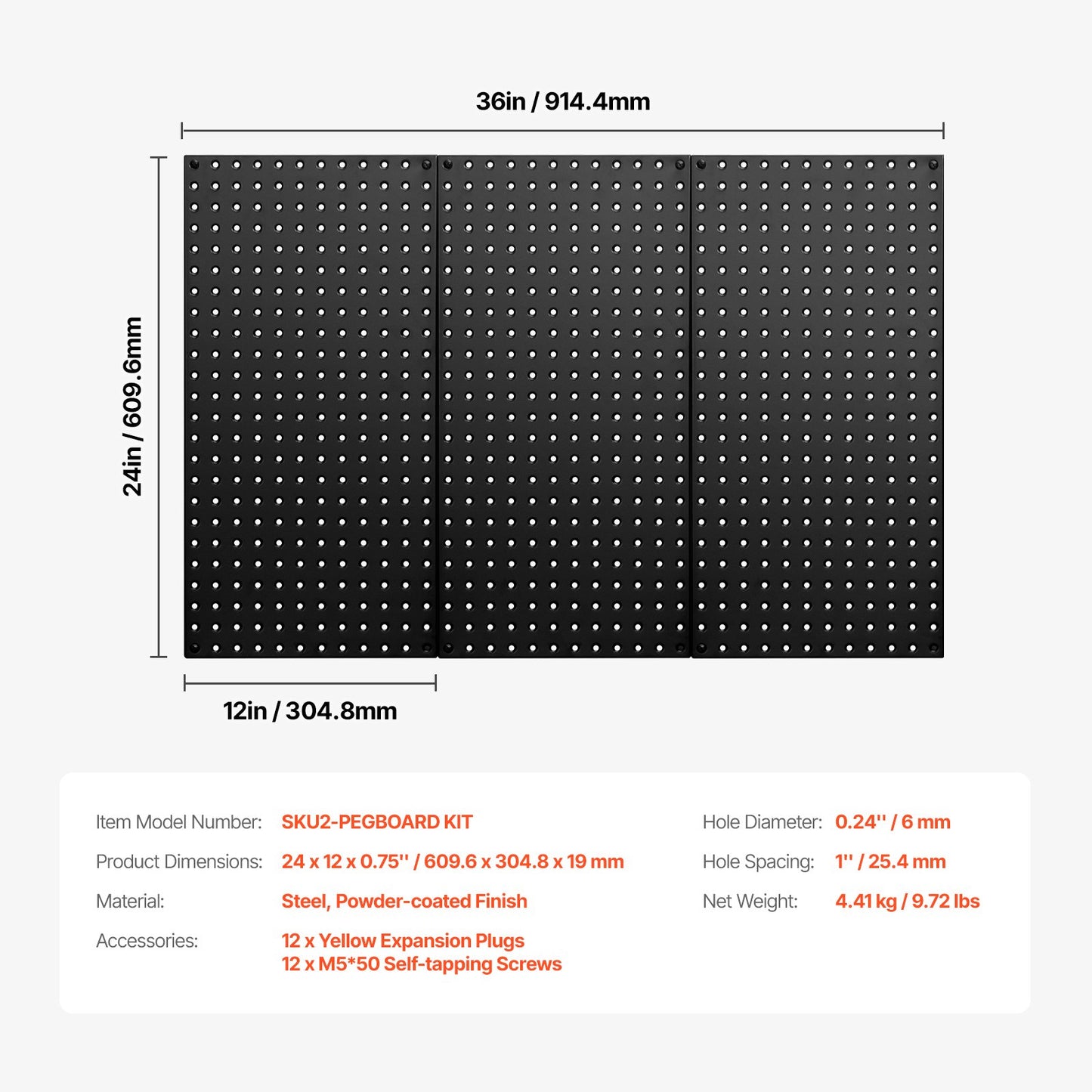 VEVOR Metal Pegboard Panels 609.6 x 304.8 mm 3 Panels Wall Organizer for Home