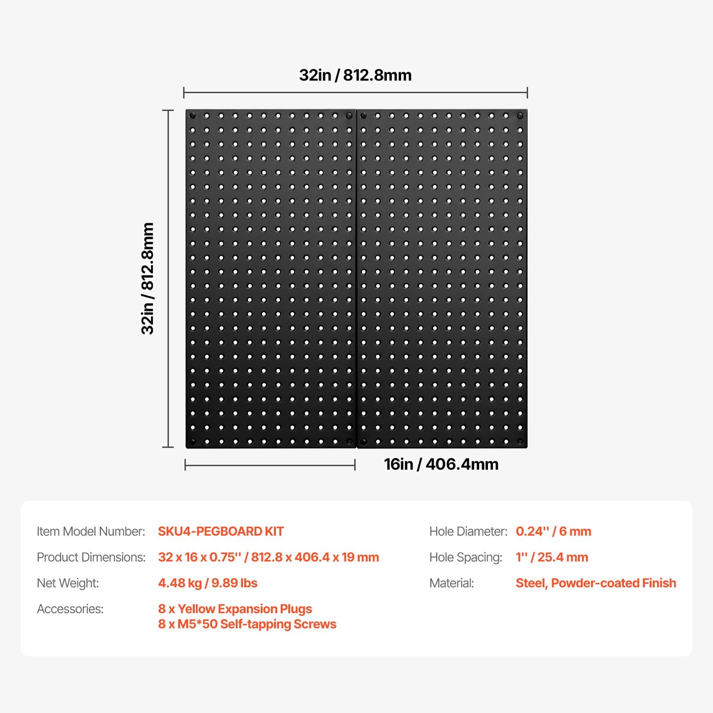 VEVOR Metal Pegboard Panels 812.8 x 406.4 mm 2 Panels Wall Organizer for Home