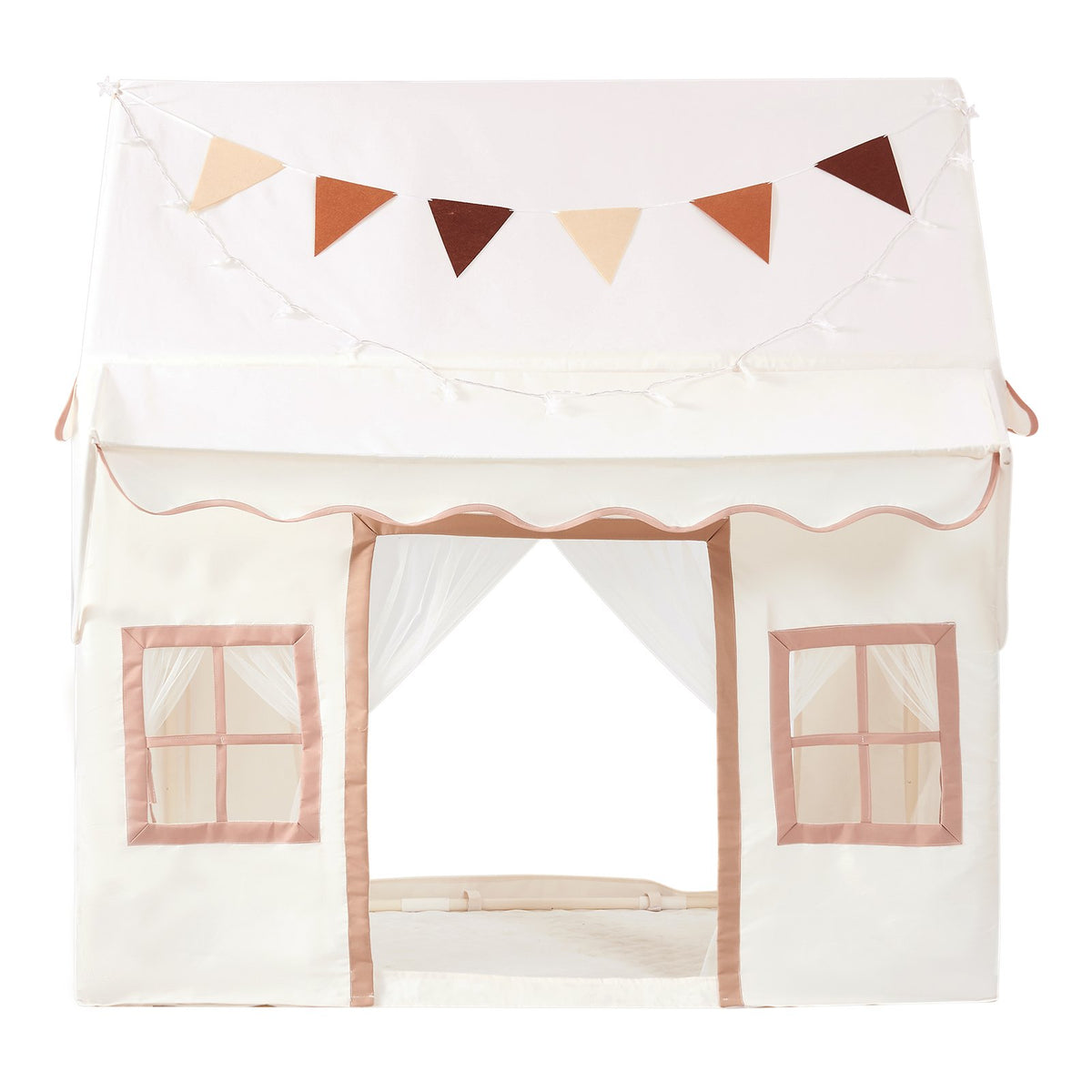 Kids Play Tent with Eave 2 in 1 Toddler Tent with Padded Mat Beige, for Girls Boys Play, Indoor & Outdoor Large Playhouse, with Stars Lights, Carry Bag, Flag, 2 Doors & 2 Breathable Windows