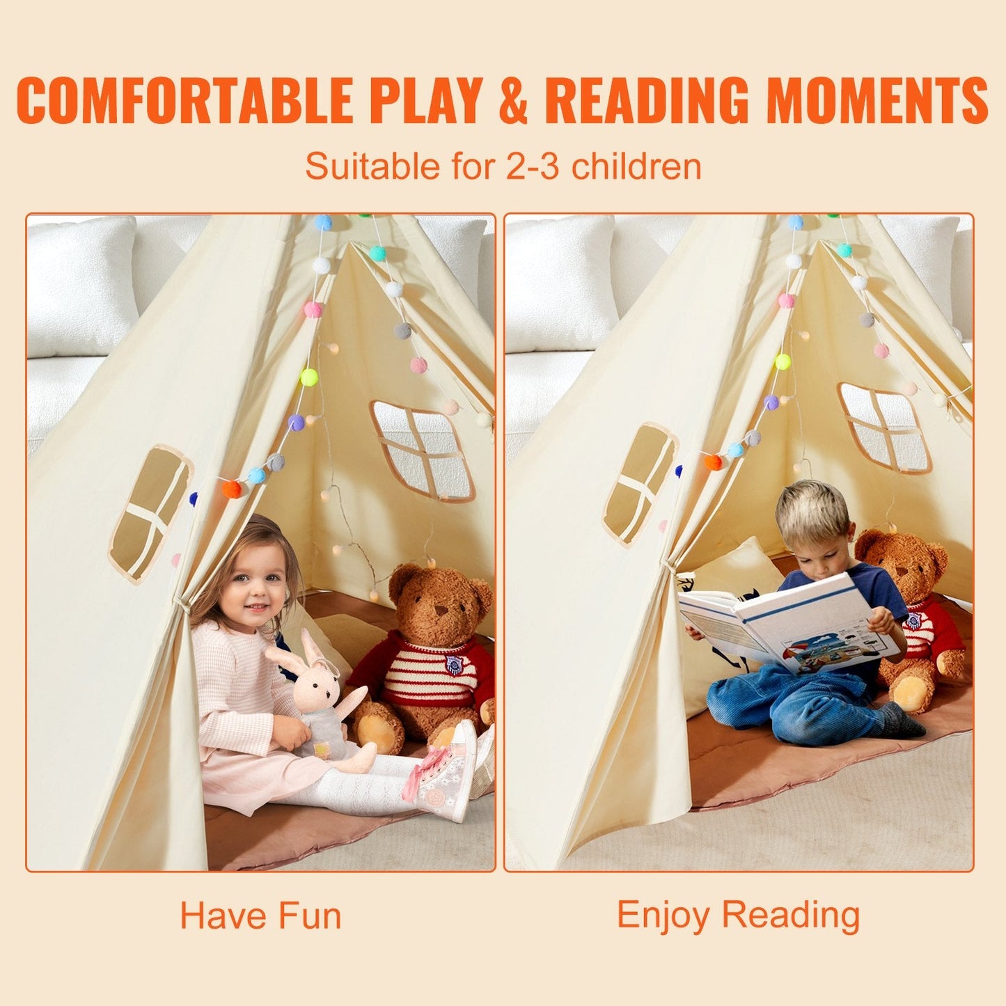 Kids Teepee Tent with Mat & Windows, Indoor/Outdoor Playhouse for Ages 1-5