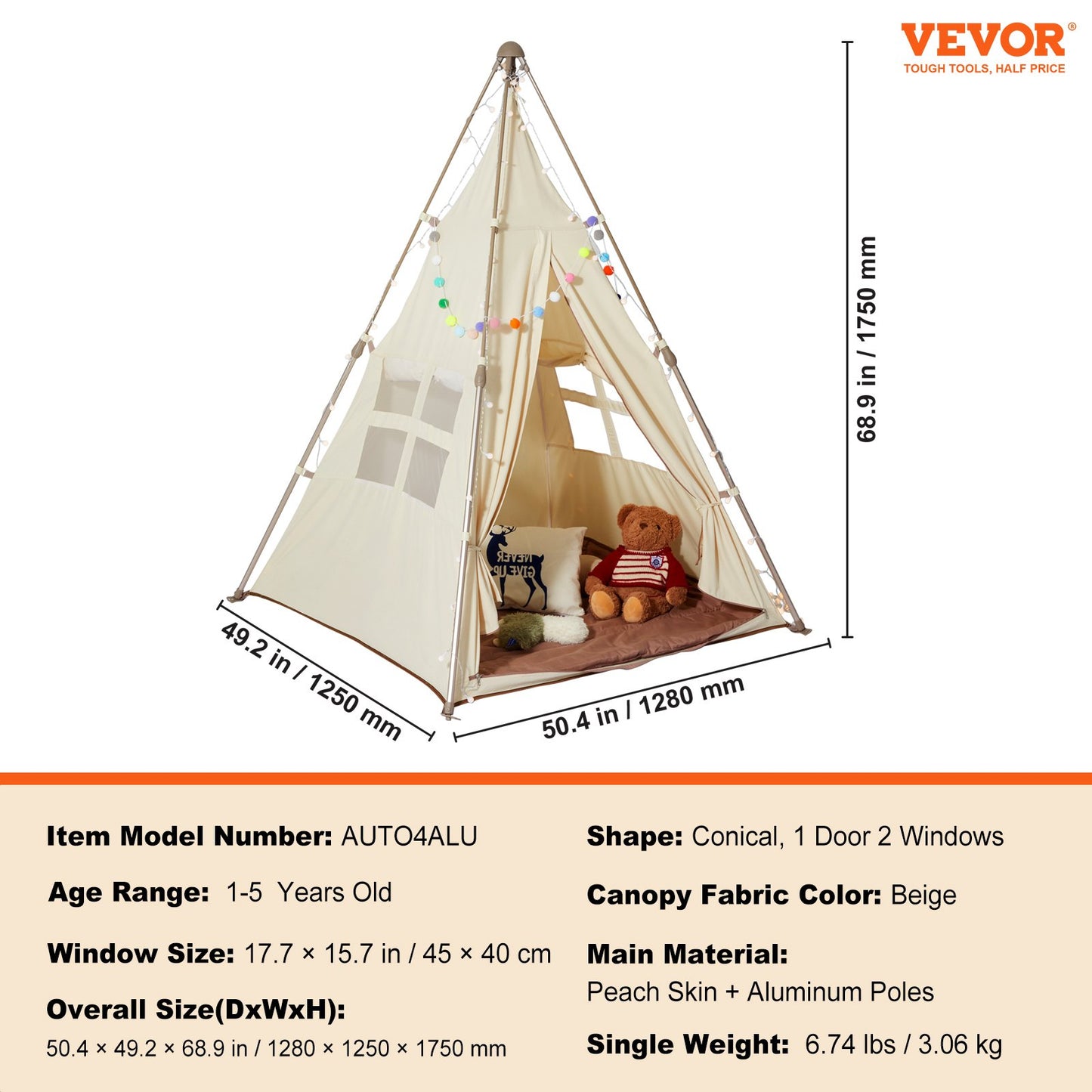 VEVOR Kids Play Tent, Teepee Tent for Kids 1-5 Years Old, Foldable Toddler Tent