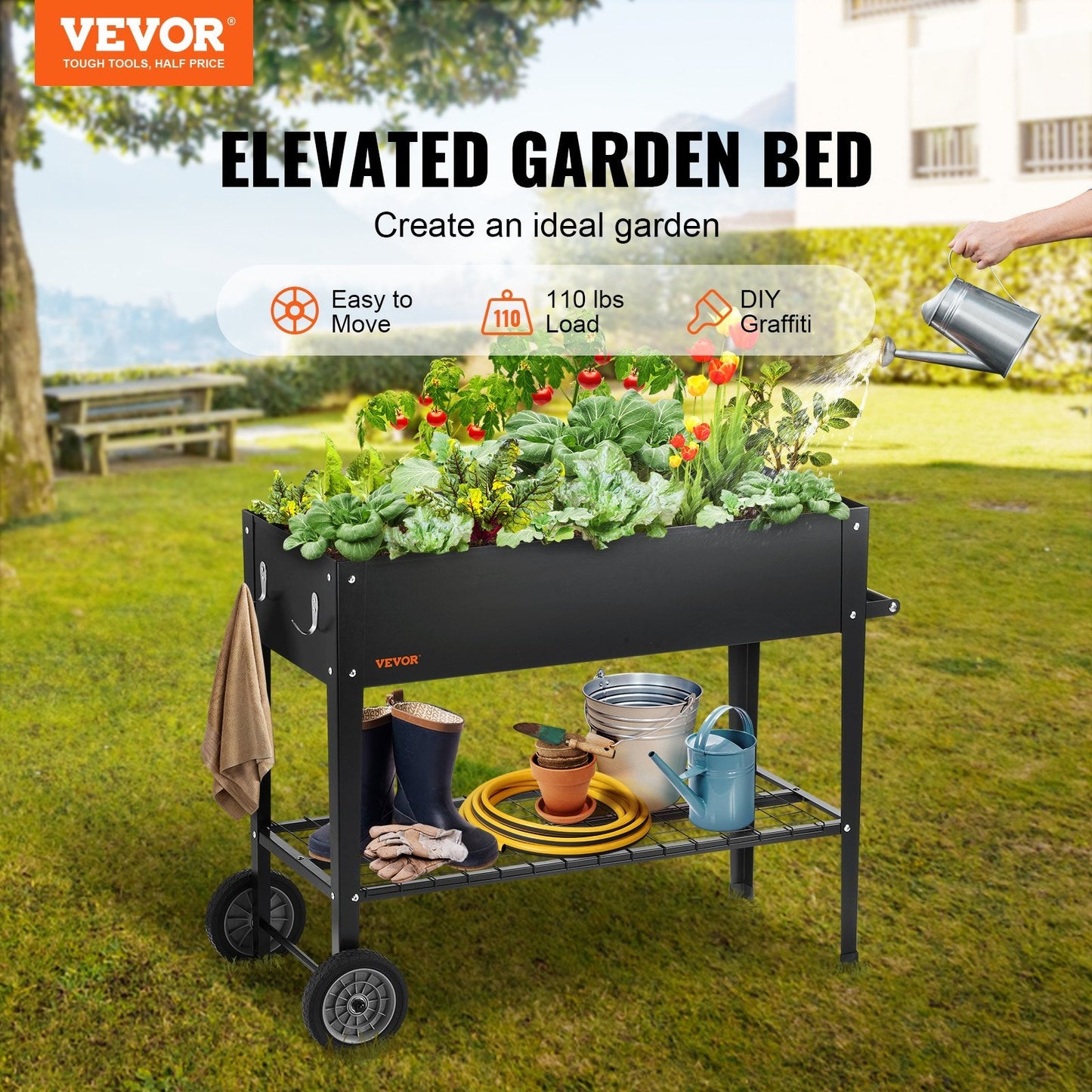 Elevated Galvanized Metal Planter Box, 108 x 49.5 x 80 cm for Outdoor Use