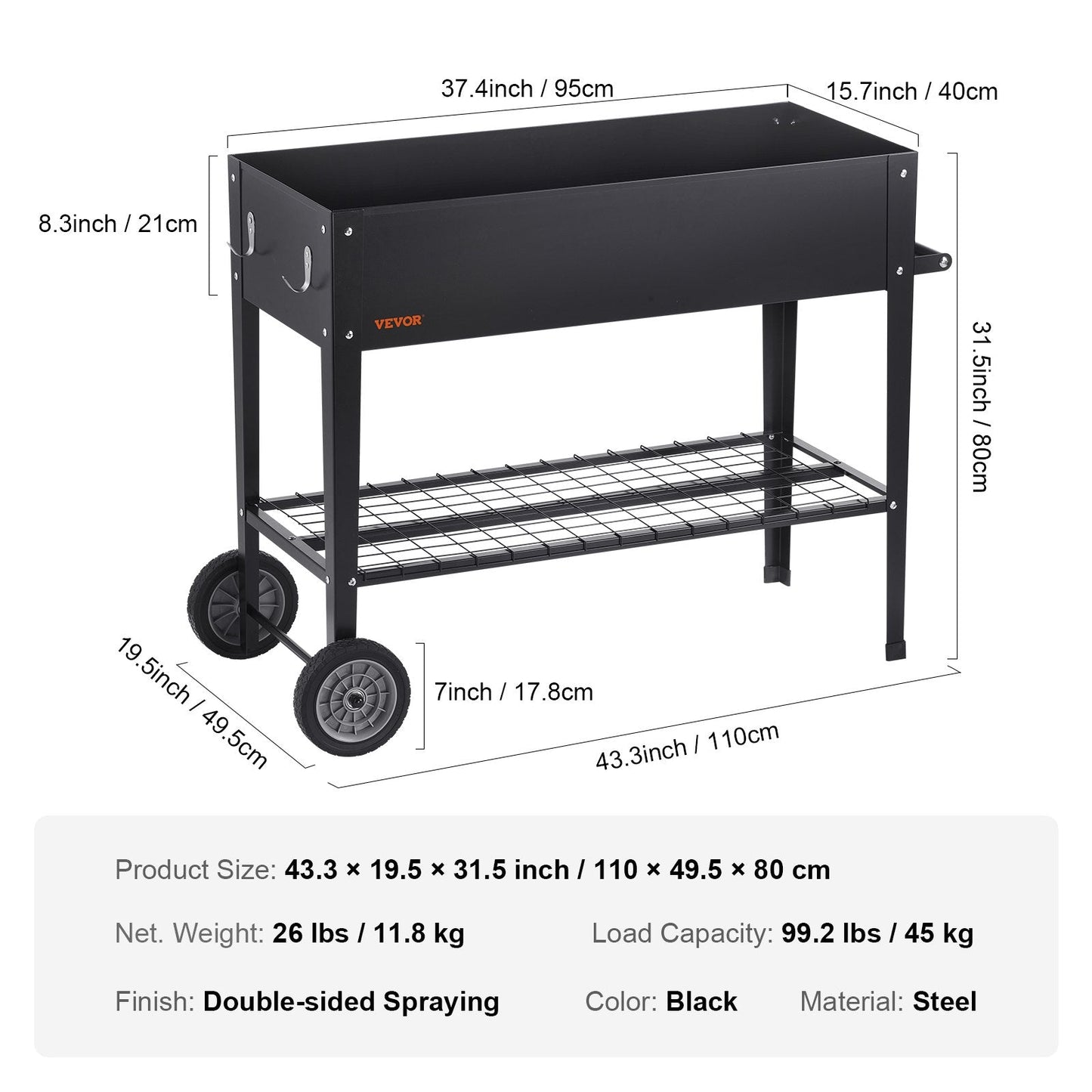 Elevated Galvanized Metal Planter Box, 108 x 49.5 x 80 cm for Outdoor Use