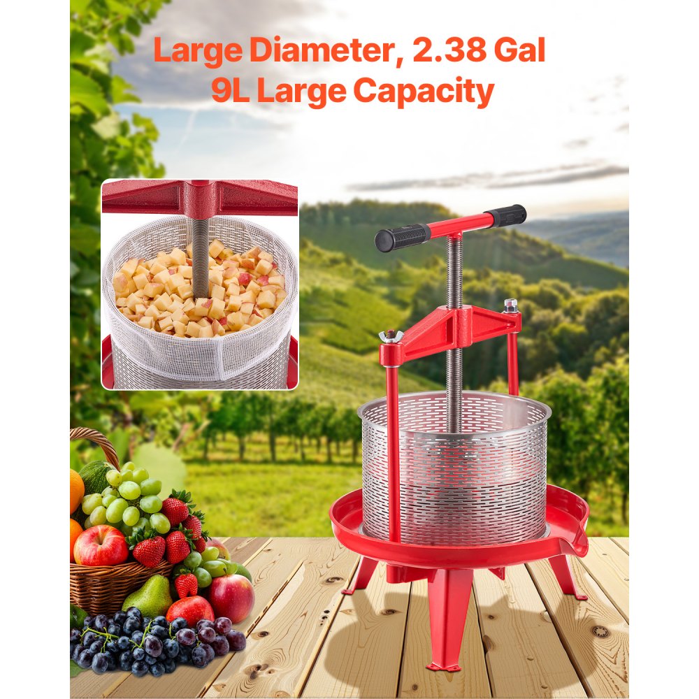 VEVOR Fruit Wine Press Manual Press for Wine Making 2.38 Gal/9L Stainless Steel